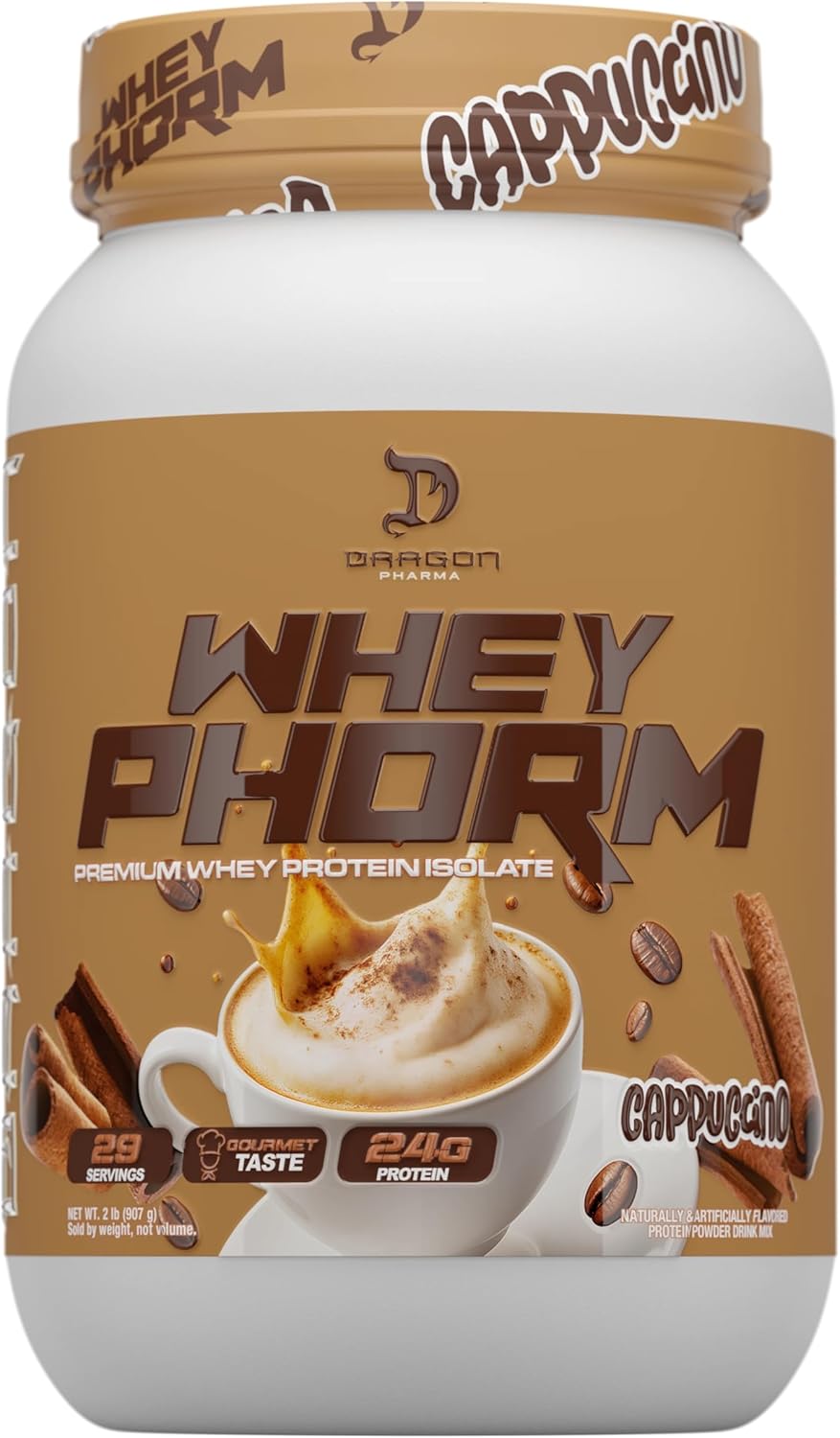 DRAGON PHARMA WheyPhorm, Whey Protein Blend, Fast Absorption, Gluten Free, Premium Whey Protein Matrix, Maximize Recovery, Great Tasting, 25 Grams of Protein (2lb, Cappuccino)
