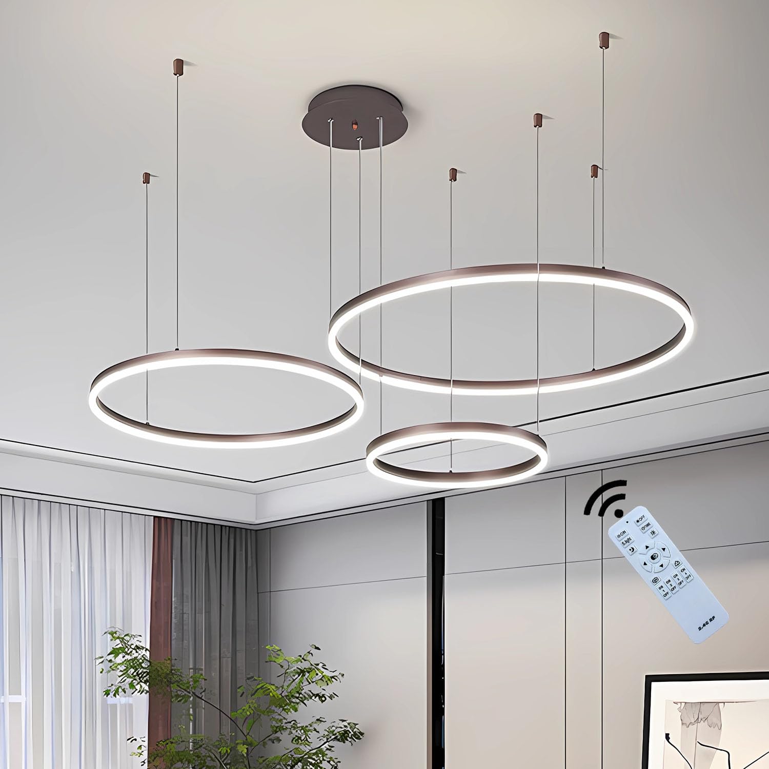 J.SUNUN Led Ceiling Lighting Modern 3 Rings Pendant Light 45W 3600LM Distributed Installation Dimmable with Remote Control Round Metal LED Chandelier for Living Room Bedrooms Office Brown 20+40+60CM