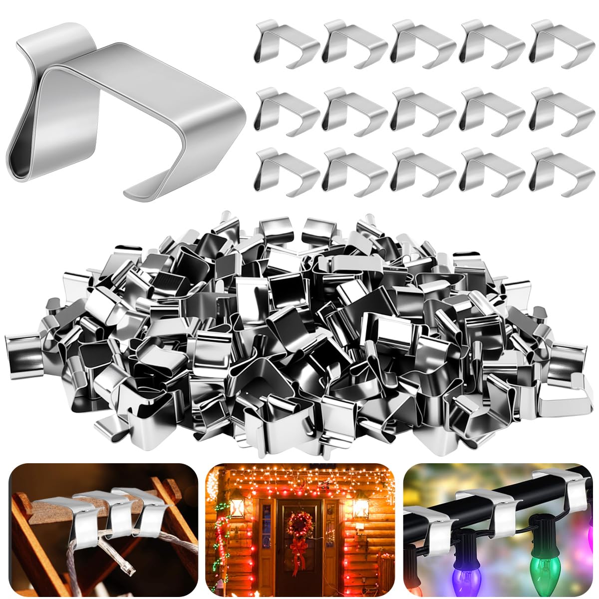 Ganci per Grondaie Luci di Natale in Acciaio Inossidabile 120 Pezzi, Clip per Luci Esterne