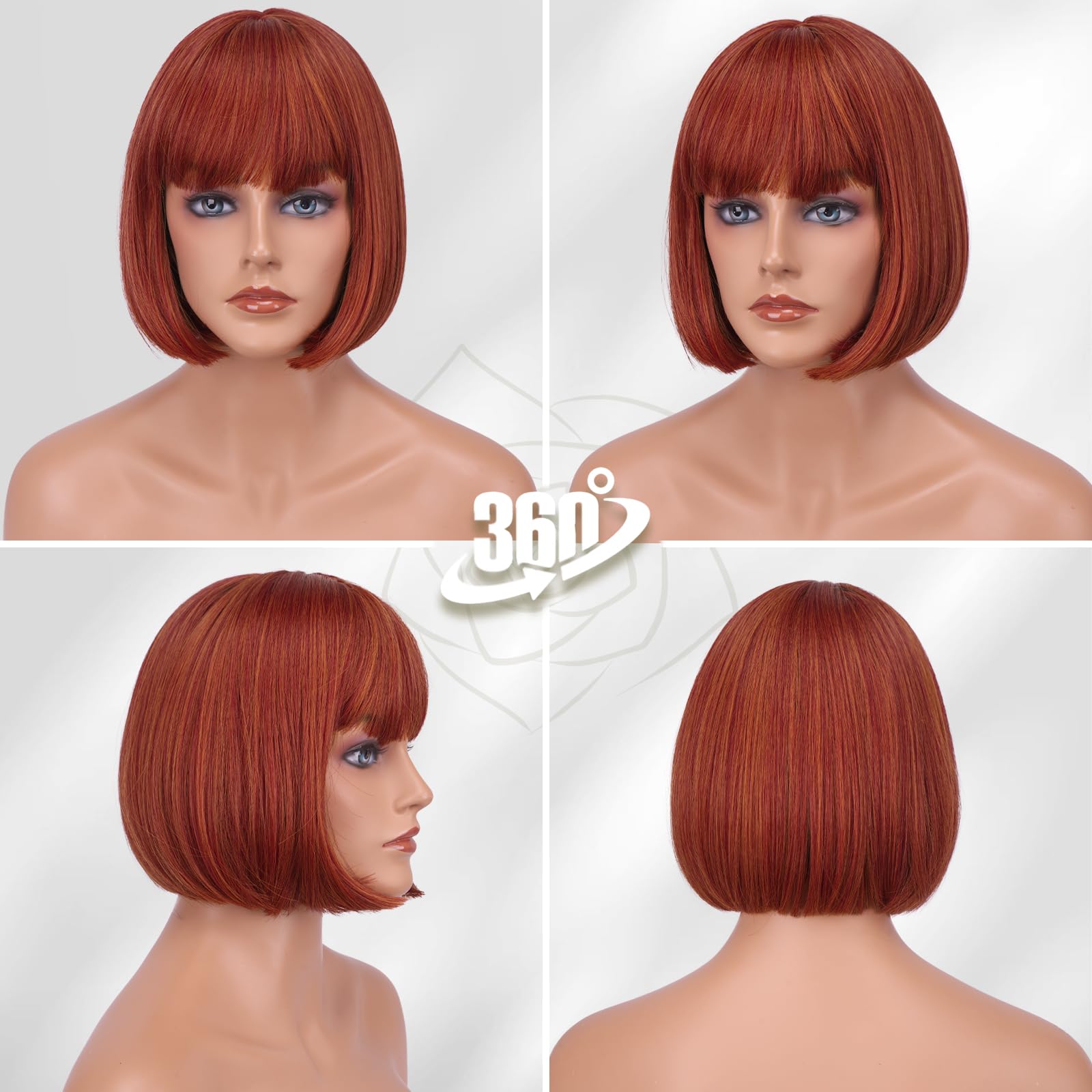BARSDAR Courte Cuivré Bob Perruque avec Franges, Courte Bob Auburn Perruque avec Franges pour Femmes 30cm Chic Longueur Synthétiques Perruques D'aspect Naturel Fêtes Halloween Bobs Perruques