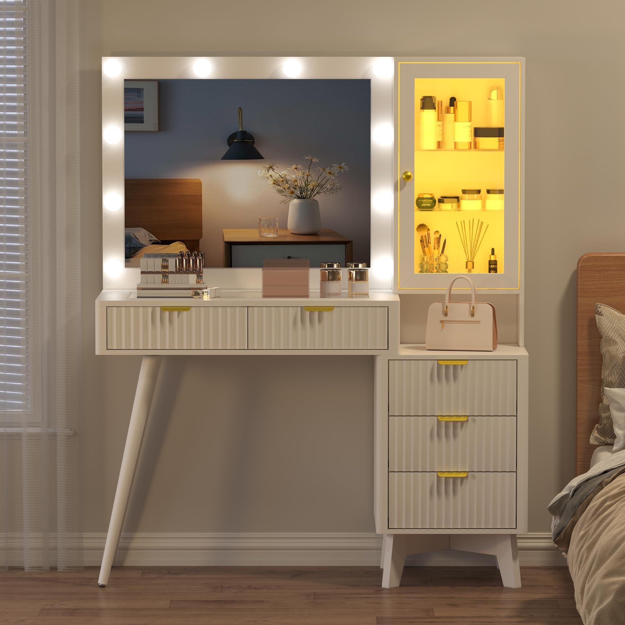 BORNOON 45” Fluted Makeup Vanity Desk with Mirror and Lights, Glass Top Dressing Table with 5 Drawers, LED Lighted Adjustable Cabinet, Trays & Charging Station for Bedroom Dressing Room