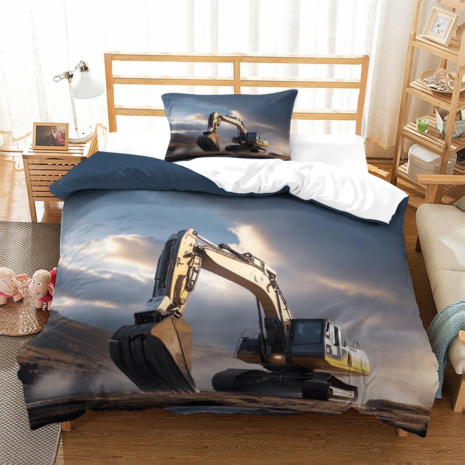 LILIlaobiao Excavators Cotton Duvet Cover Ivory Various Sizes Quilt Cover Bedding Set Soft & Cozy Percale Weave Diggers Comforter Cover with Zipper Closure for Kids & Adults Single（135x200cm）