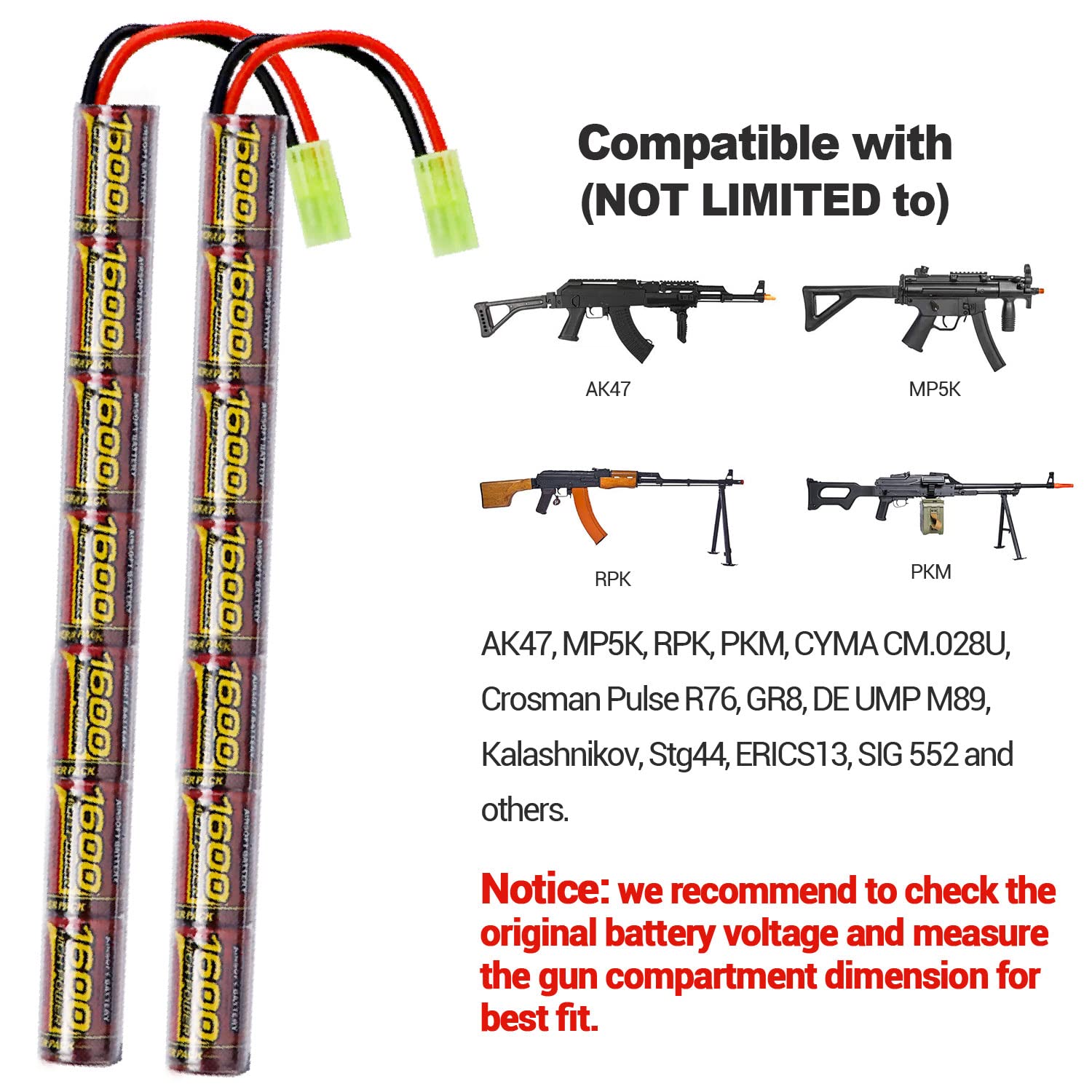 melasta 8.4V 1600mAh NiMH Airsoft Batteria con Mini Tamiya Connettore, Batteria ad Alte Prestazioni per AK47 MP5K RPK PKM, CYMA CM.028U ERICS13, SIG Fucile Carabina ad Aria Compressa Airsoft, 2 Pezzi