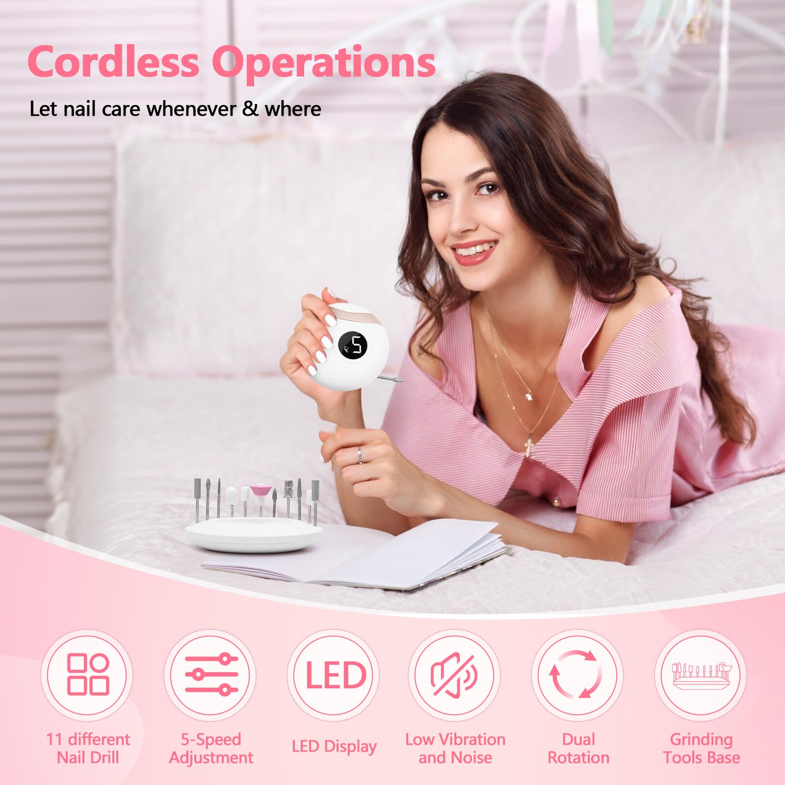 Upgrade 3 in 1 Cordless Nail Drill Electric File, Portable Electric Nail Clipper, Nail Care Set with UV Light for Acrylic Gel, Manicure Pedicure Polishing Shape Tool with Nail Drill Bits (White)