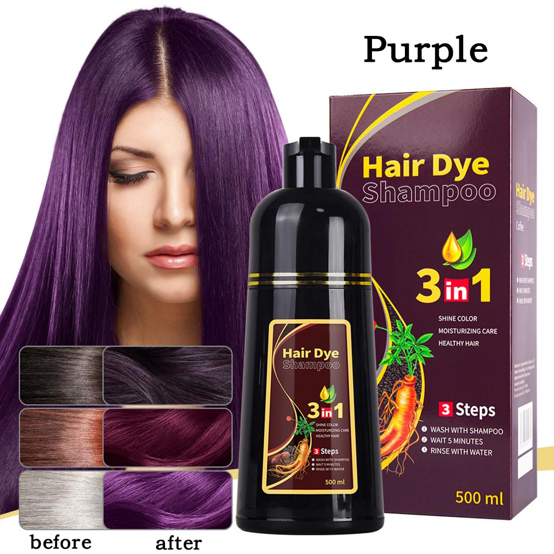 Hair Dye Shampoo 3 in 1, Multiple Colour Options, 500 ml, with