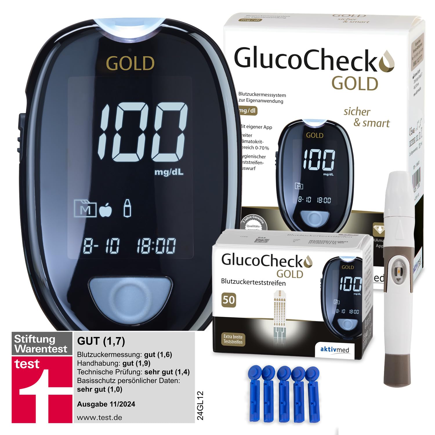 GlucoCheck GOLD Blutzuckermessgerät-Set (mg/dL) mit 60 Blutzuckerteststreifen, 10 Lanzetten, 1 Stechhilfe, 1 Etui, Sparset zur Blutzucker-Selbstkontrolle