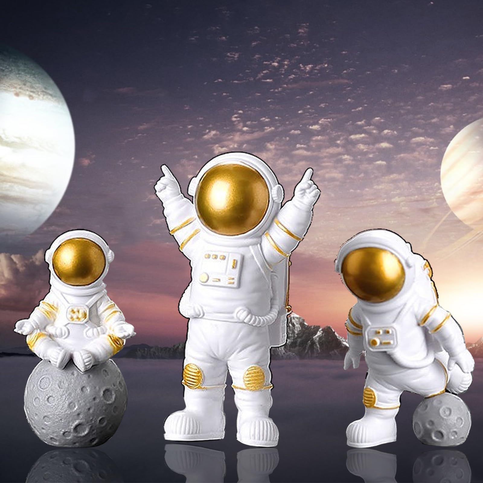 3 Piezas Adornos de Astronauta, Modelo de Figura de Astronauta, Decoraciones de pastel de Astronauta, Aplicar para Navidad, Decoraciones Cumpleaños de Fiesta(Oro)