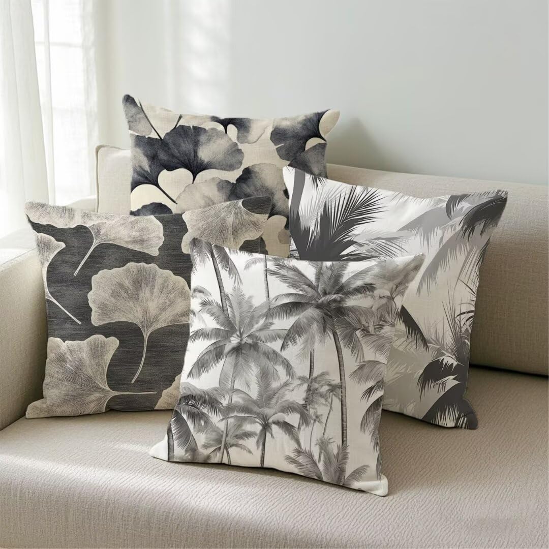 Fundas Cojines 55x55 cm Exterior Cojines Gris Fundas de Almohada Juego de 4, Cuadrados Funda Cojin Hoja Almohadas con Cremallera, Sofa Cama Decorativos para Hogar, Jardín, Salón y Dormitorio Ym267