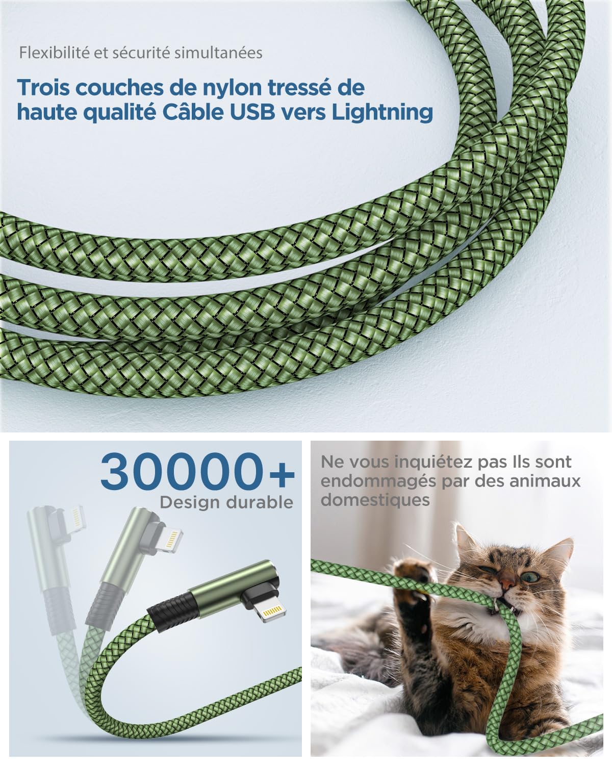 Cable iPhone,[2m/Lot de 3] Fil Chargeur iPhone Charge Rapide Tressé Longue Cordon iPhone Certifié MFi Angle Câble Lightning USB pour iPhone 13/11/14/12 Pro Max Plus Mini XR XS 8 7 6S SE,iPad,Airpods