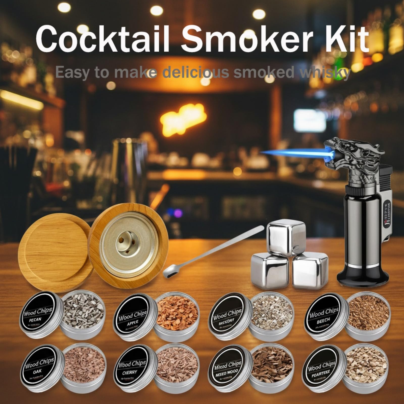 Kit Ahumador para Whisky - Set con 8 Aromas de Madera y Piedras para Whisky - Accesorios Bar para Cócteles y Regalo Hombre Padre y Novio — view 8