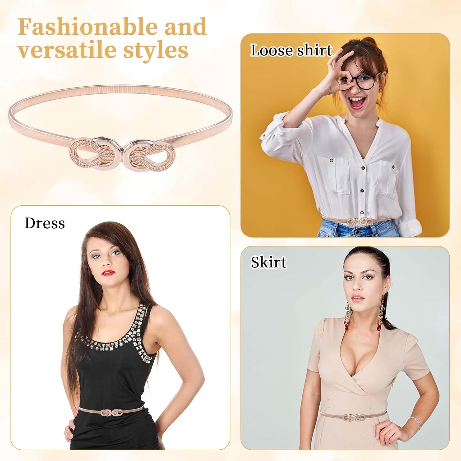 Gold Belt for Women, Metal Elastic Waist Belt Fashion Thin Belts Fancy Skinny Waistband for Ladies Dresses Jeans Shirt - Image 7