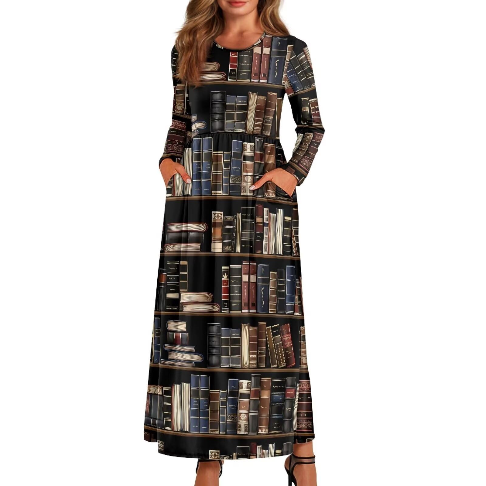 Dremagia Women's Fall Casual Long Maxi Beach Holiday Dress Long Sleeve Pleated Flowy Dresses with Pockets