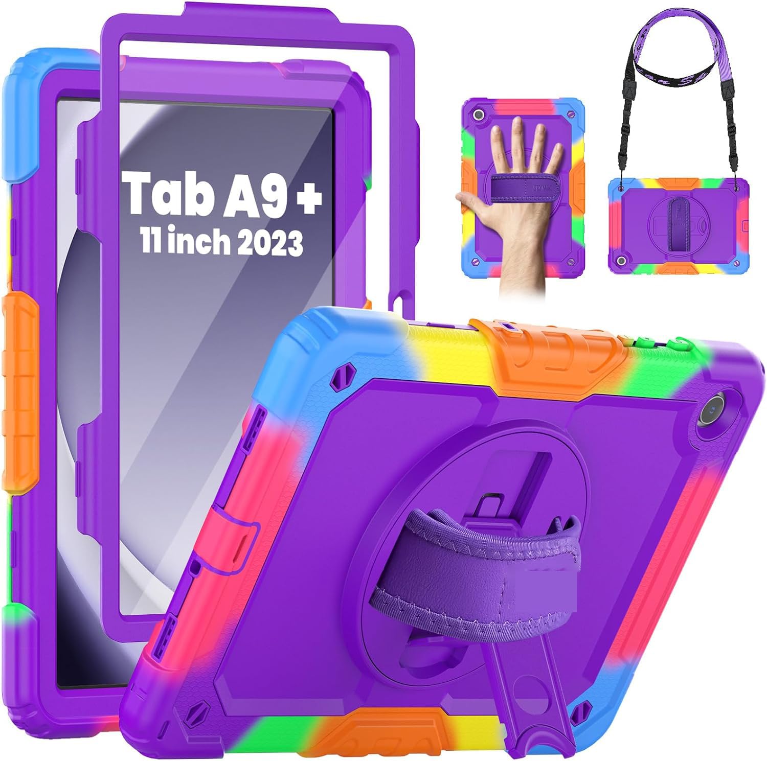 AVAKOT Case for Samsung Galaxy Tab A9 Plus 11 Inch With Screen Protector, 360 Degree Swivel Kickstand & Hand Shoulder Strap - Galaxy Tab A9+ 2023 Model (SM-X210/X216/X218), Purple