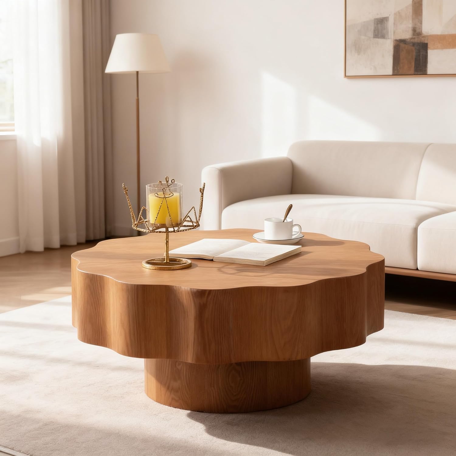 Modern Petal-Shaped Coffee Table ，31.5" Wooden Coffee Table tablewith Stylish Wood Grain Texture, Side Table Without Assembly Required, Suitable for Living Room.