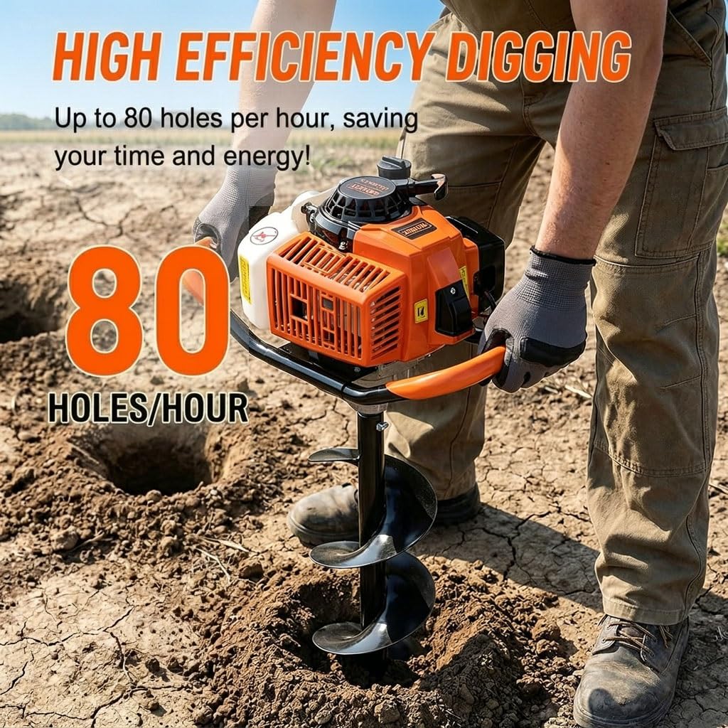 Ahoyador a Gasolina 63CC, Perforadora de Tierra con Set de 3 Brocas y 3 Extensiones, Motor de Alta Potencia para Postes de Cercas y Agricultura, Kit de Herramientas