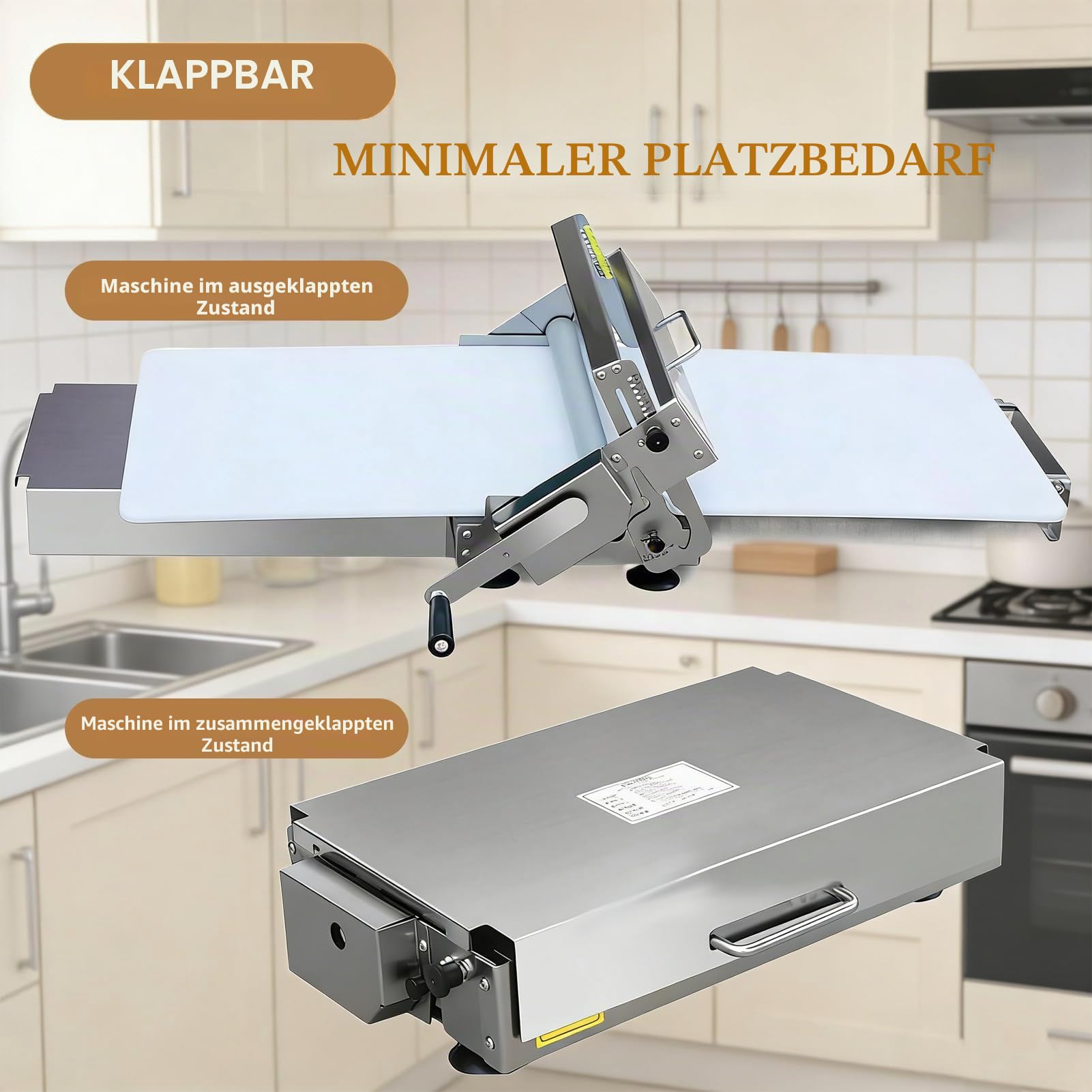 Klappbare Teigausrollmaschine Manueller Teigwalzer mit Einstellbarer Dicke 0-25 mm, Edelstahl, für Pizzateig, Blätterteig, Croissants - für Private und gewerbliche Bäckereien