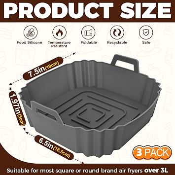 3Pcs Silicone Air Fryer Liners 3-7L, Reusable Air Fryer Accessories Food Grade Silicone Greaseproof Airfryer Baking Tray Basket Rack Kitchen Gadgets Essentials Compatible with Ninja, Tower, COSORI