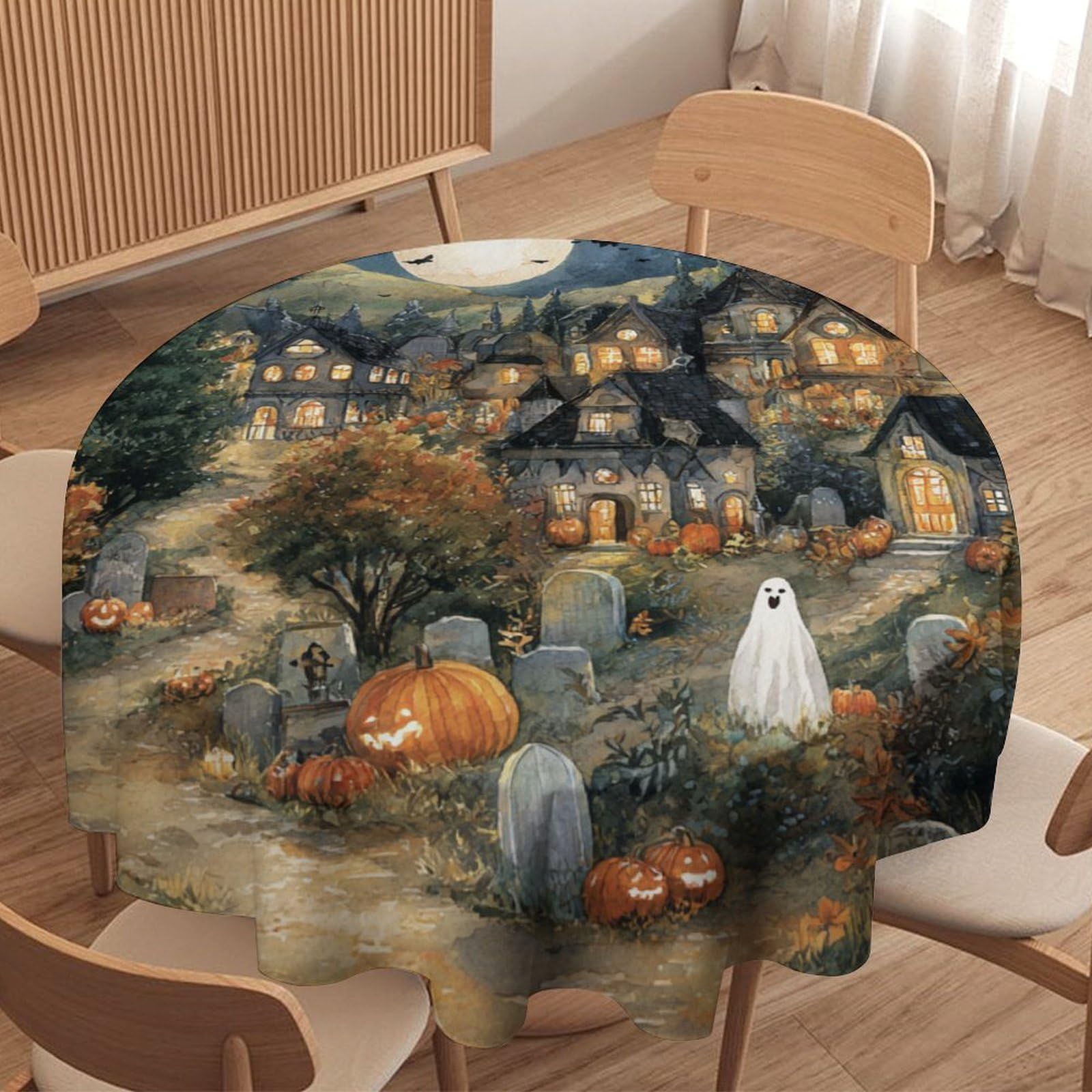 Luyysky Fantasy Anime Halloween Night Round Tablecloth Mid Century Gothic Full Moon Animal Crow Bat Ghost Pumpkin Washable Decor For Table Cover For Kitchen-127 Wx127 L Cm