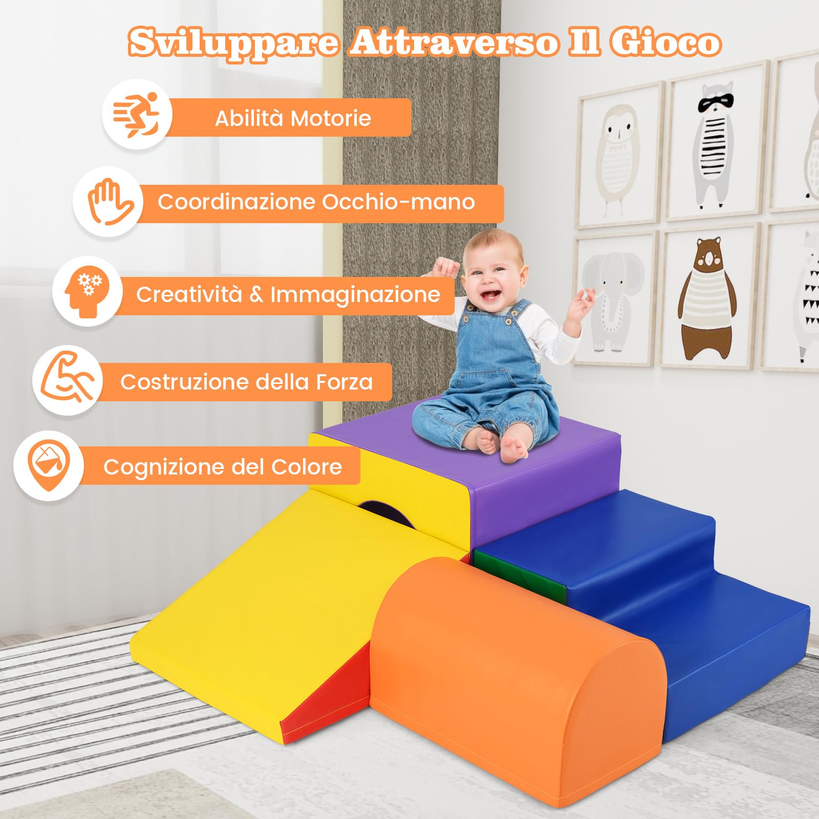 COSTWAY Set di 4 Blocchi in Schiuma per Arrampicarsi e Gattonare per Bambini, Giocattoli Morbidi da Interno (Giallo)