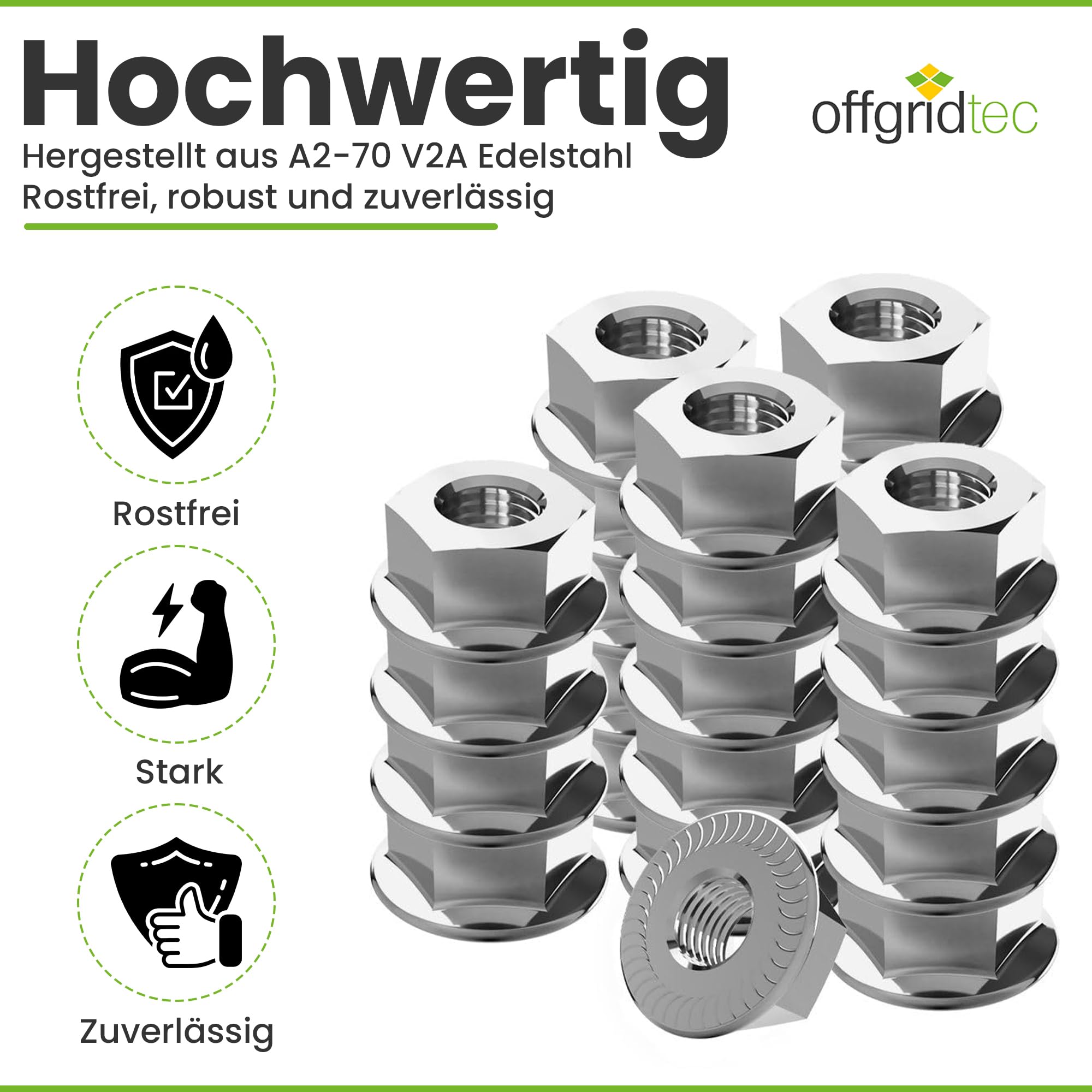 Offgridtec Dadi a flangia in acciaio inox M10 con dentatura di blocco, DIN 6923 A2 V2A, autobloccanti con filettatura interna metrica, fissaggio antiruggine per uso interno ed esterno, 25 pezzi