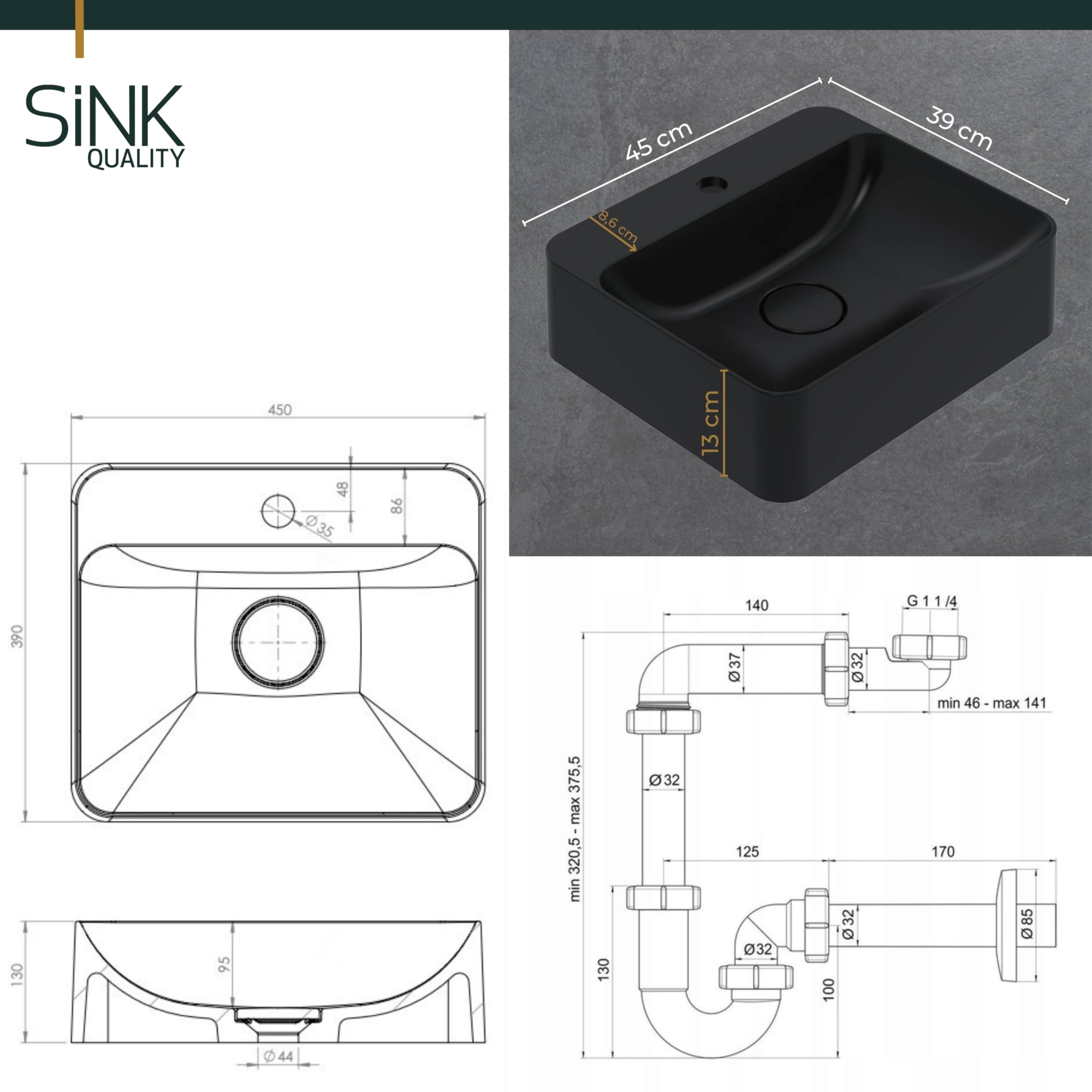 SINK Quality Umywalka nablatowa z otworem armaturowym 45 x 39 cm, czarna matowa – umywalka prostokątna z kompozytu kwarcowego S-QUARTZ, duża umywalka do łazienki, z pokrywą odpływu i zestawem syfonu