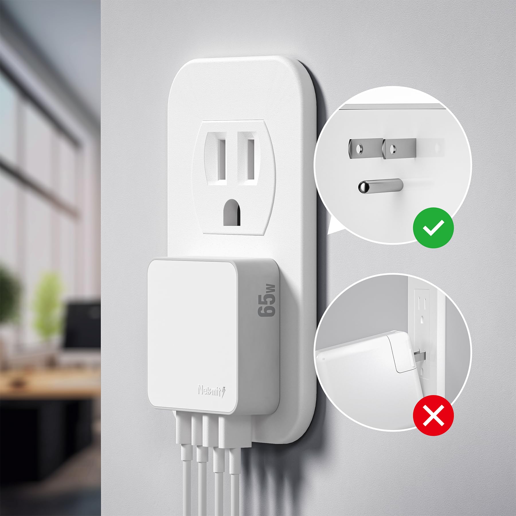 Nekmit Chargeur mural USB plat, 65 W GaN Charge rapide USB C, double ports USB, adaptateur d'alimentation pour iPhone 15 Pro Max/iPad Pro et plus encore, blanc