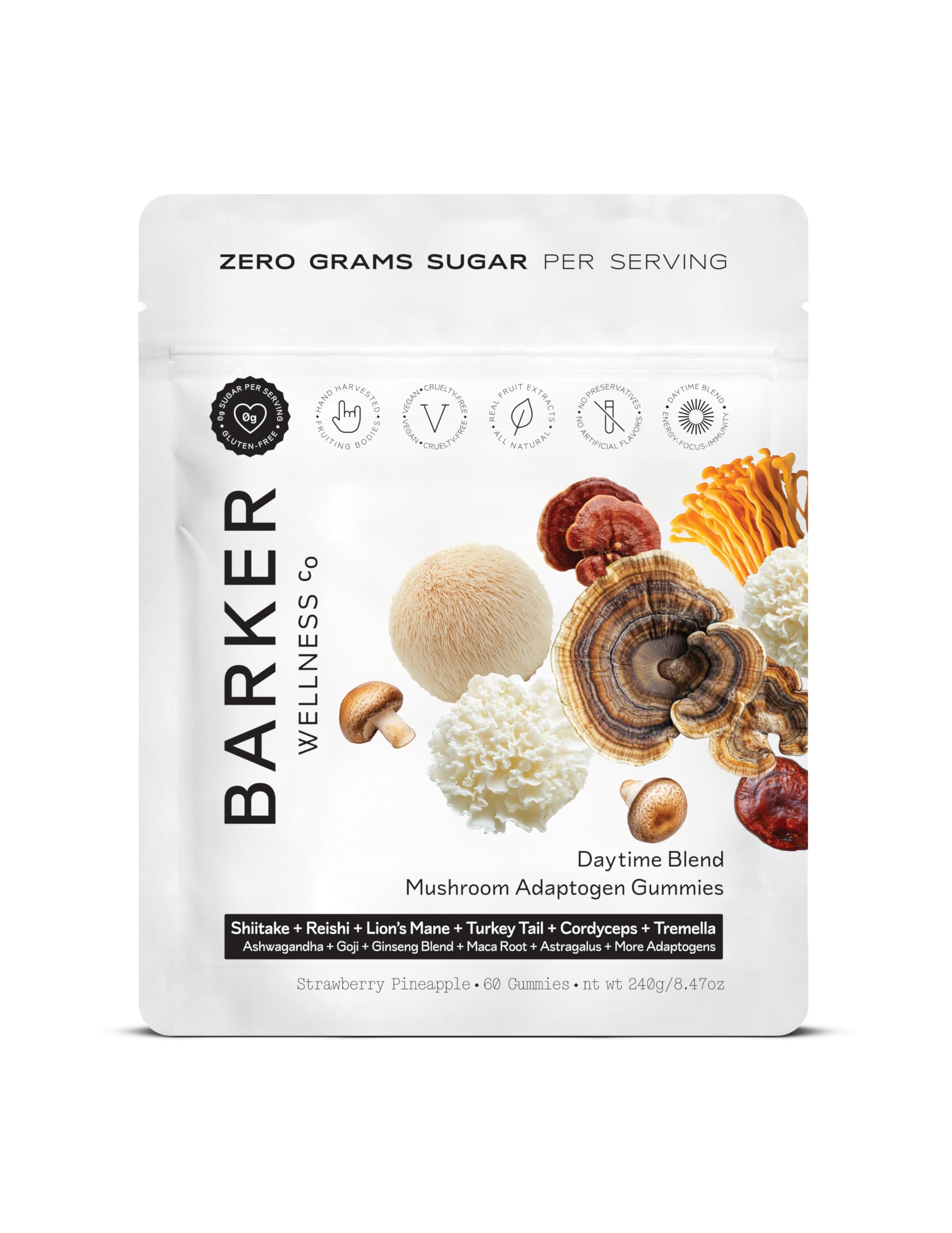 Barker Wellness Adaptogen Mushroom Gummies with Lion's Mane, Cordyceps, Reishi & Shiitake | Vegan Sugar-Free Immune System Support, Natural Energy, Enhanced Focus & Mood for Adults | 60 Count