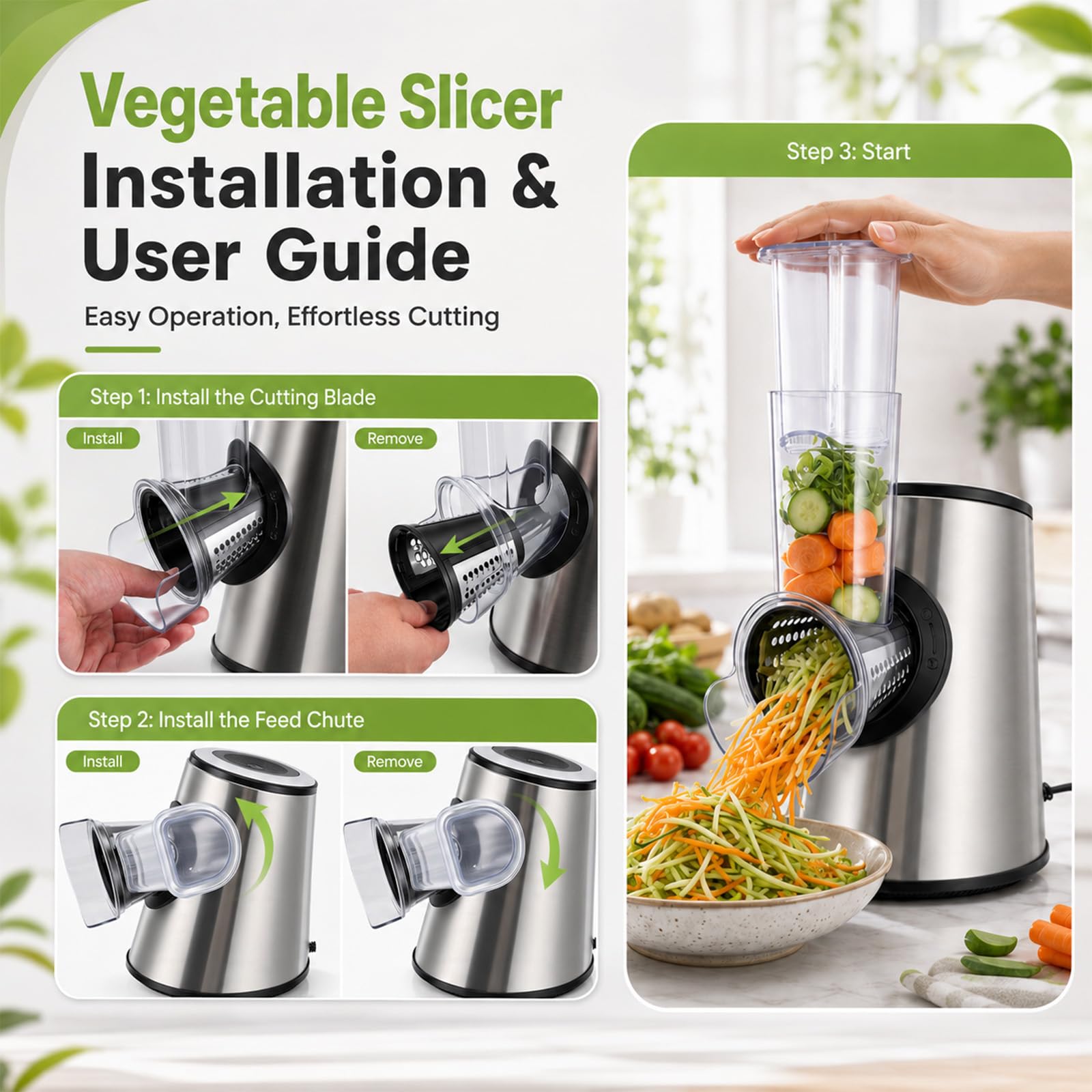 Rallador Eléctrico Profesional 5 en 1, 800 W con 5 Conos en Acero Inoxidable, Cortador y Picadora Multifunción con Apertura Grande de 9 cm para Frutas, Verduras, Queso, Nueces, Zanahorias, Gris