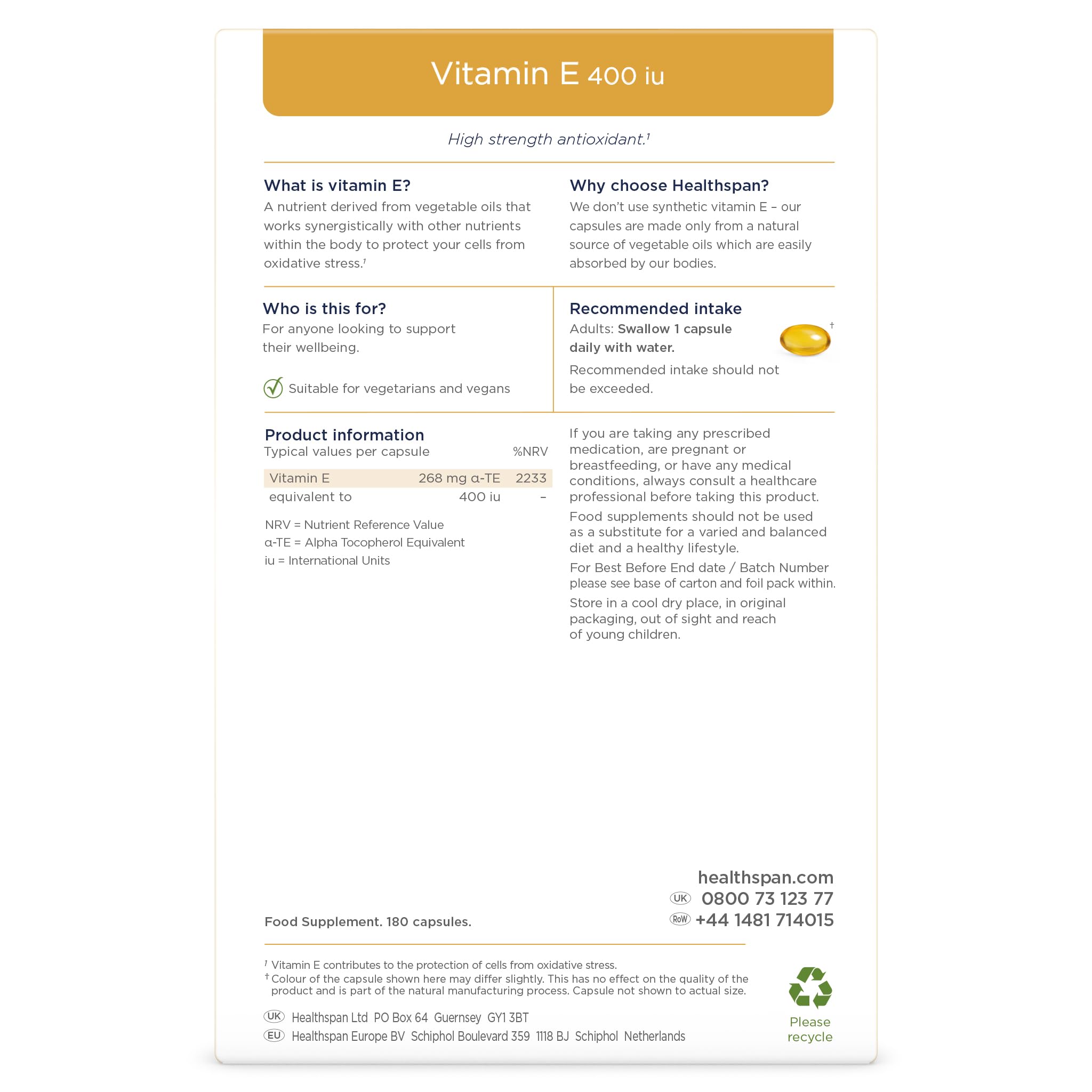 Healthspan Vitamin E 400iu | Hochwirksame Formel zur Bekämpfung von Zellschädigung und Unterstützung der Immungesundheit & Haut | Hochwertige Antioxidans-Unterstützung | Vegan | 180 Kapseln