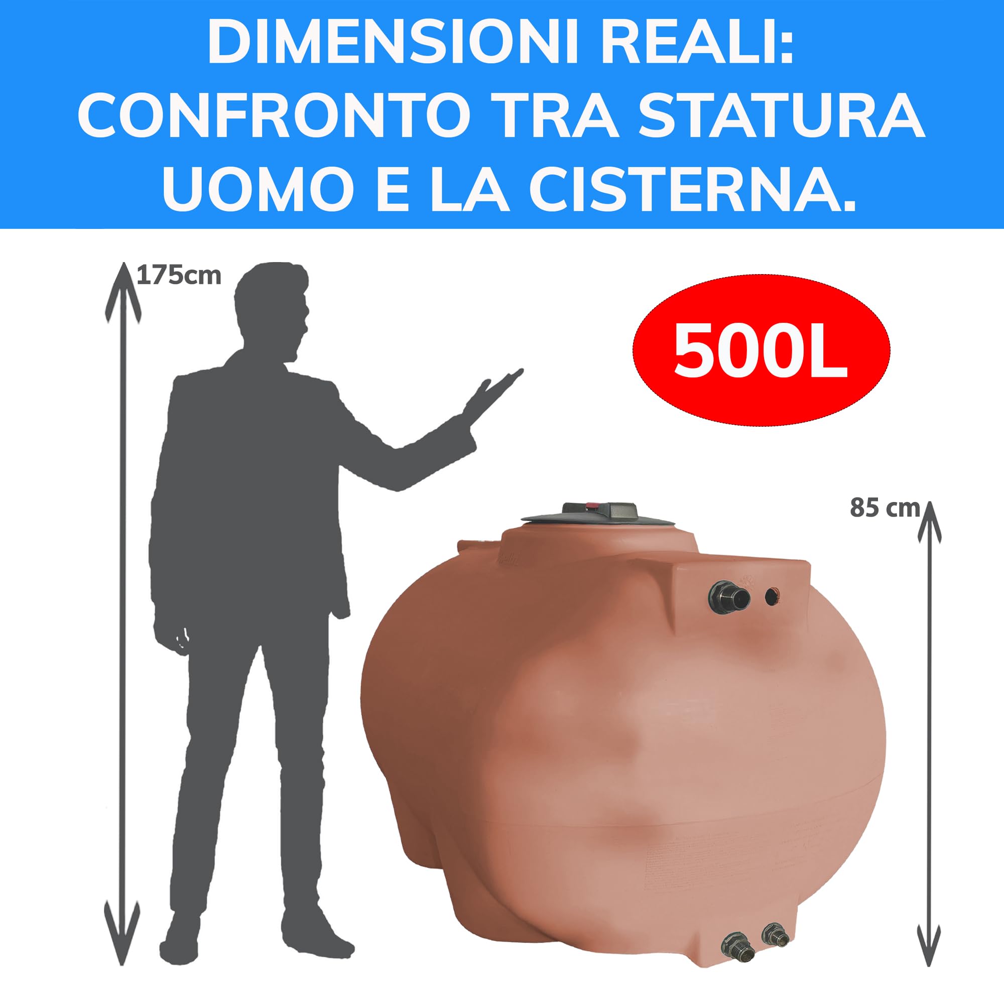 ESTO Serbatoio Acqua per Acqua Potabile 300L - 500 L, Cisterna Color Terracotta in Polietilene per Uso Esterno Predisposizione Rubinetto, Resistente Made in Italy (500 Litri)