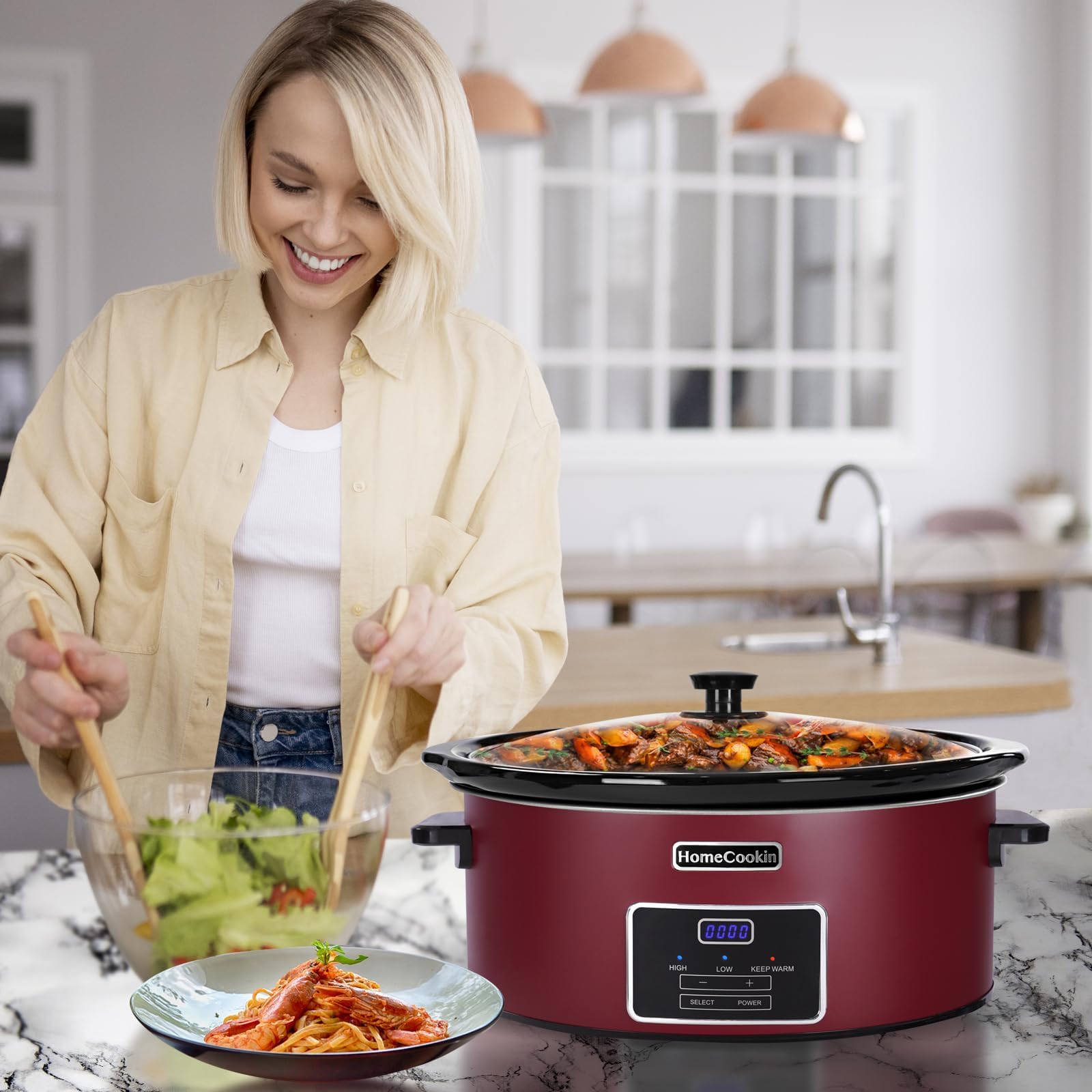 HOMECOOKIN Fornello da cucina programmabile, 8 litri, perfetto per cene in famiglia, acciaio inossidabile, rosso