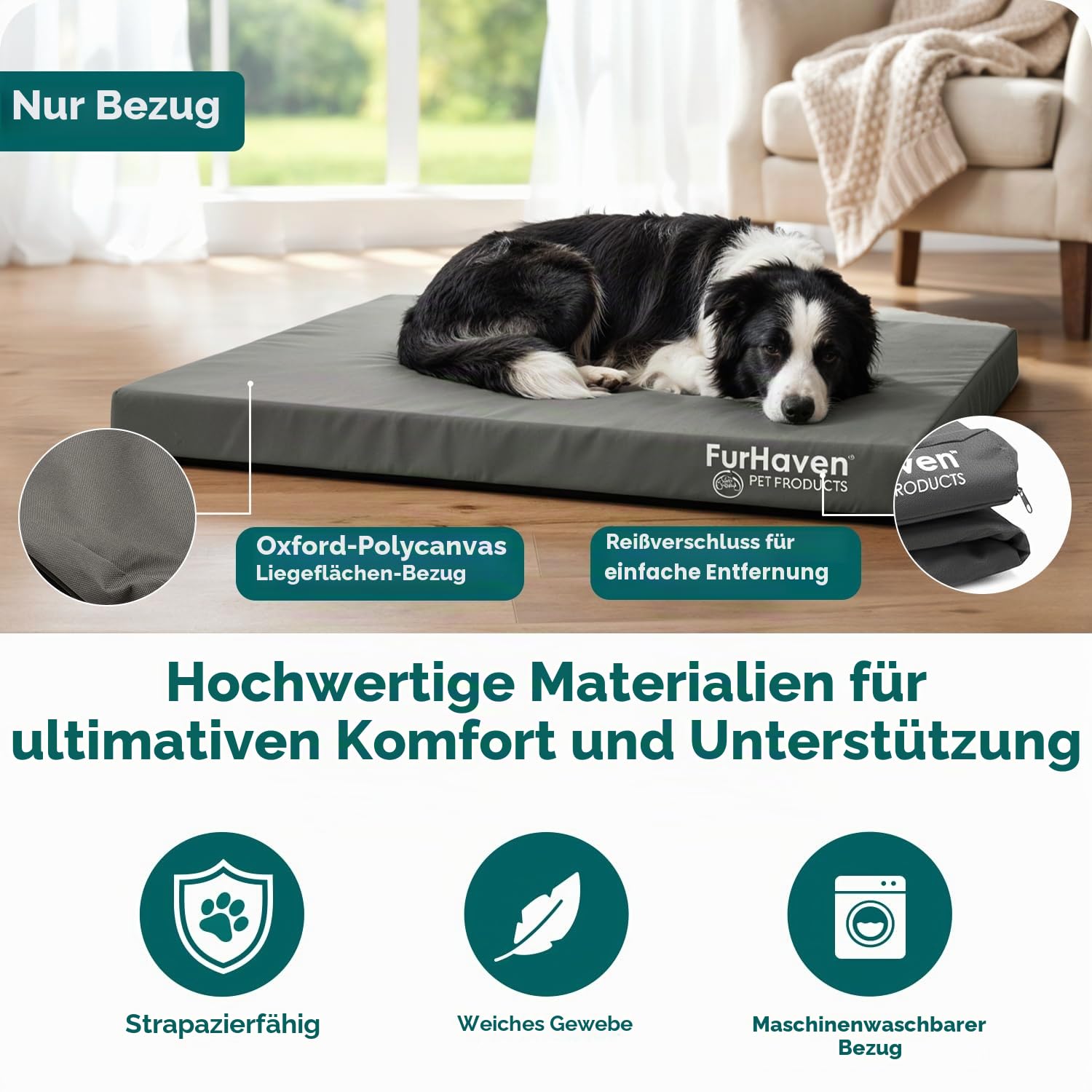 Furhaven Wasserabweisender Ersatzbezug für Hundebett, für drinnen und draußen, Logo-Druck, Steingrau, Größe L