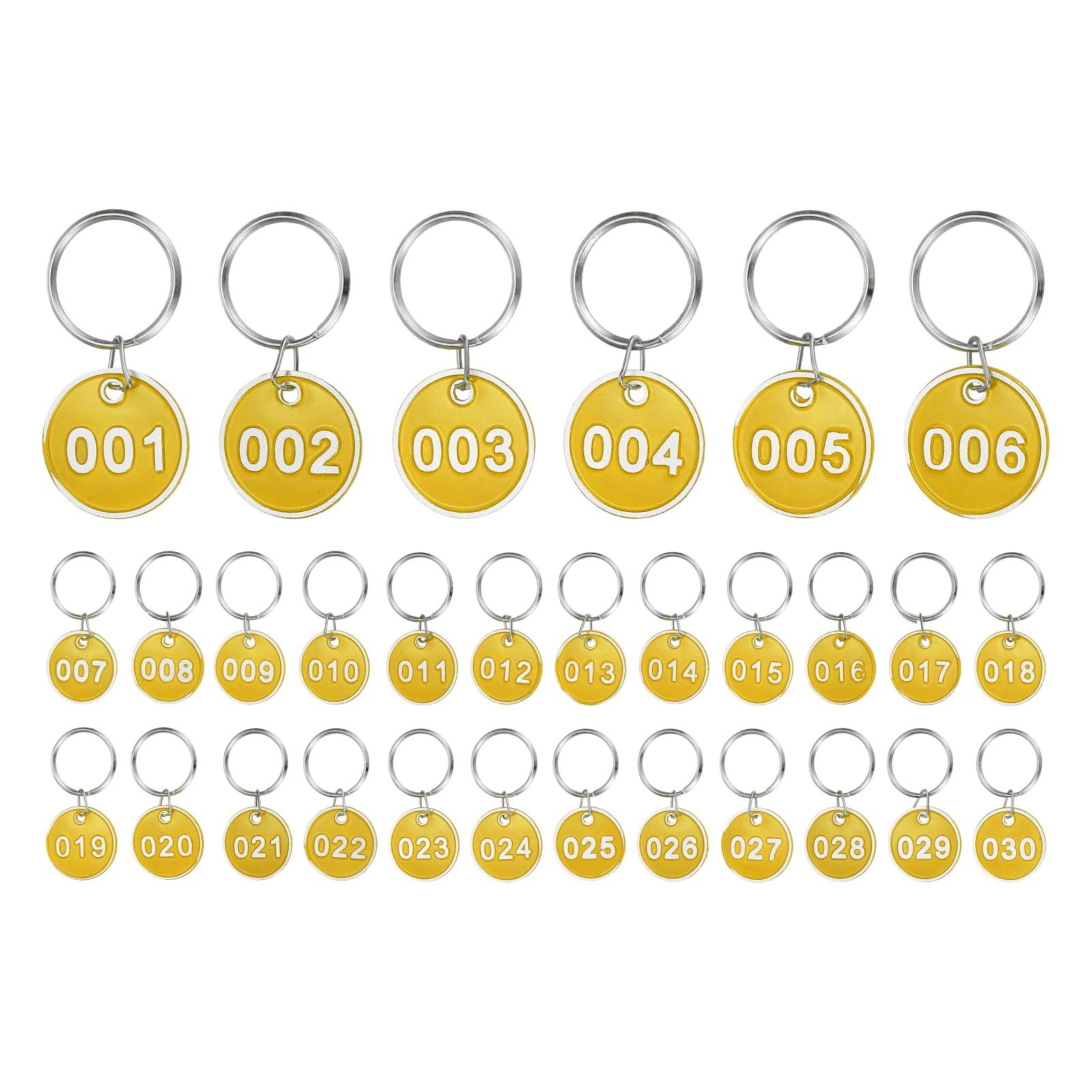 PATIKIL 30PCS Number Tags 1-30, Table Number Key Tags Aluminum Numbered Keychain Metal with Key Rings for Organizer Field Sales Hangers Clothes Labels ID, Yellow