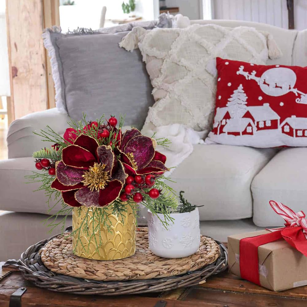30,5 cm rote Weihnachtstischdekoration 12,7 cm glitzernde Magnolienblume und rote Beeren Tanne Grün künstliches Weihnachtsblumen-Herzstück in goldenem Keramiktopf Tischplatte Weihnachten