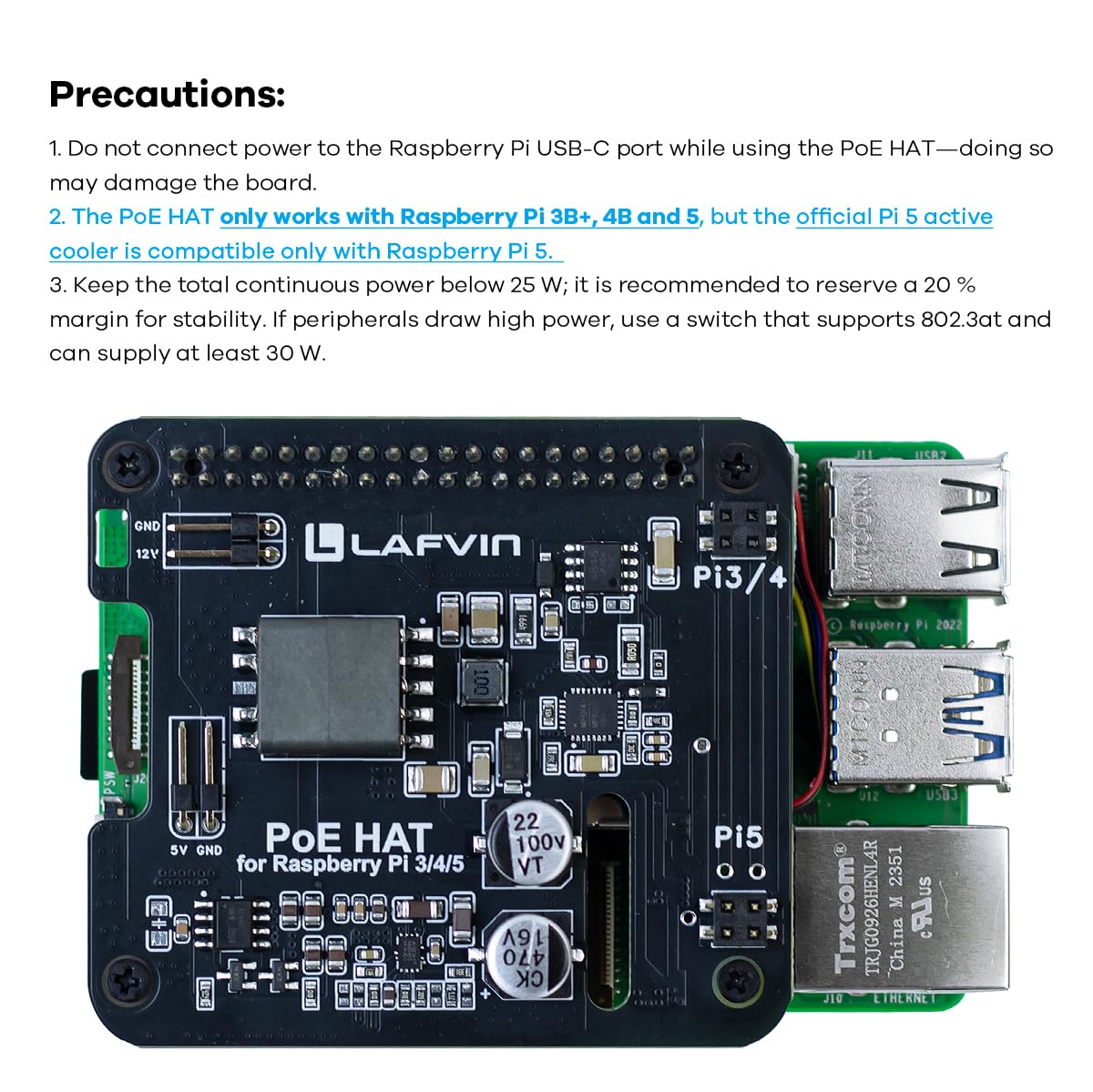 LAFVIN POE HAT Power Over Ethernet para Raspberry Pi 5/4B/3B+,5V/12V Header Outputs,40-pin GPIO Header — view 5