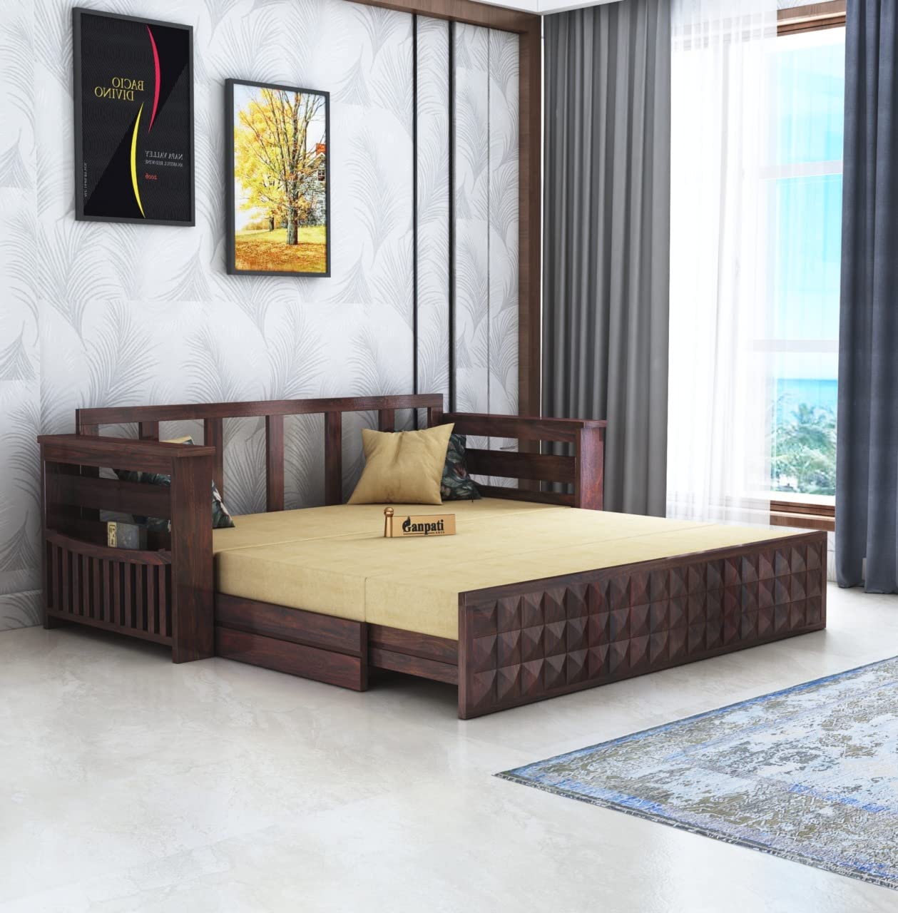 GANPATI ARTS Solid Sheesham Wood Diamond 3-Person Sofa Cum Bed With Storage And Side Pockets For Living Room Hall Bedroom (Walnut Finish) GANPATI ARTS Solid Sheesham Wood Diamond 3-Person Sofa Cum Bed With Storage And Side Pockets For Living Room Hall Bedroom (Walnut Finish)
