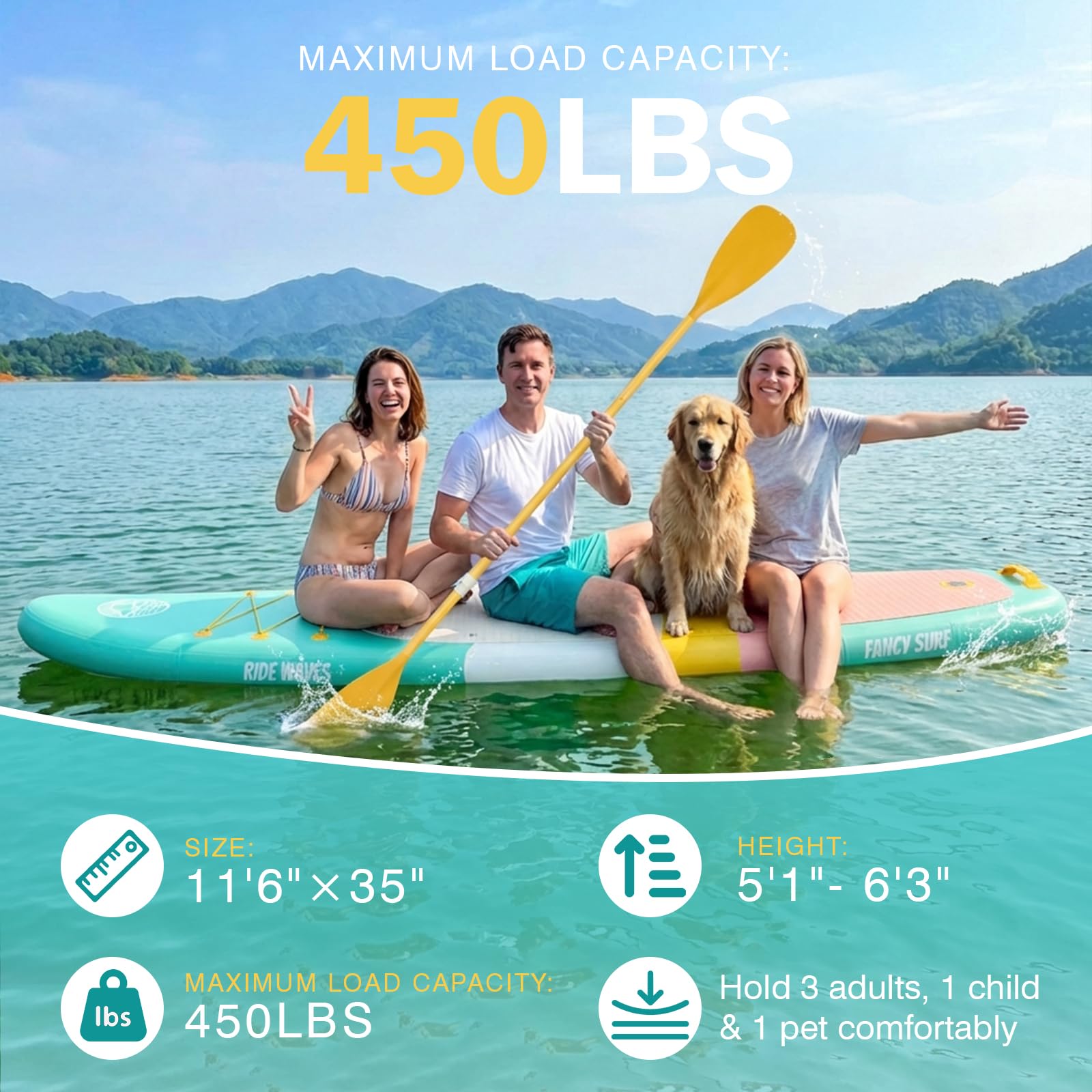 Paddle Gonflable Adulte 351×89 cm, Charge 200 kg Livrée avec Pompe, dérives, Sac à Dos, Accessoires et Pochette téléphone étanche, idéale pour pêche, Yoga et randonnée Aquatique