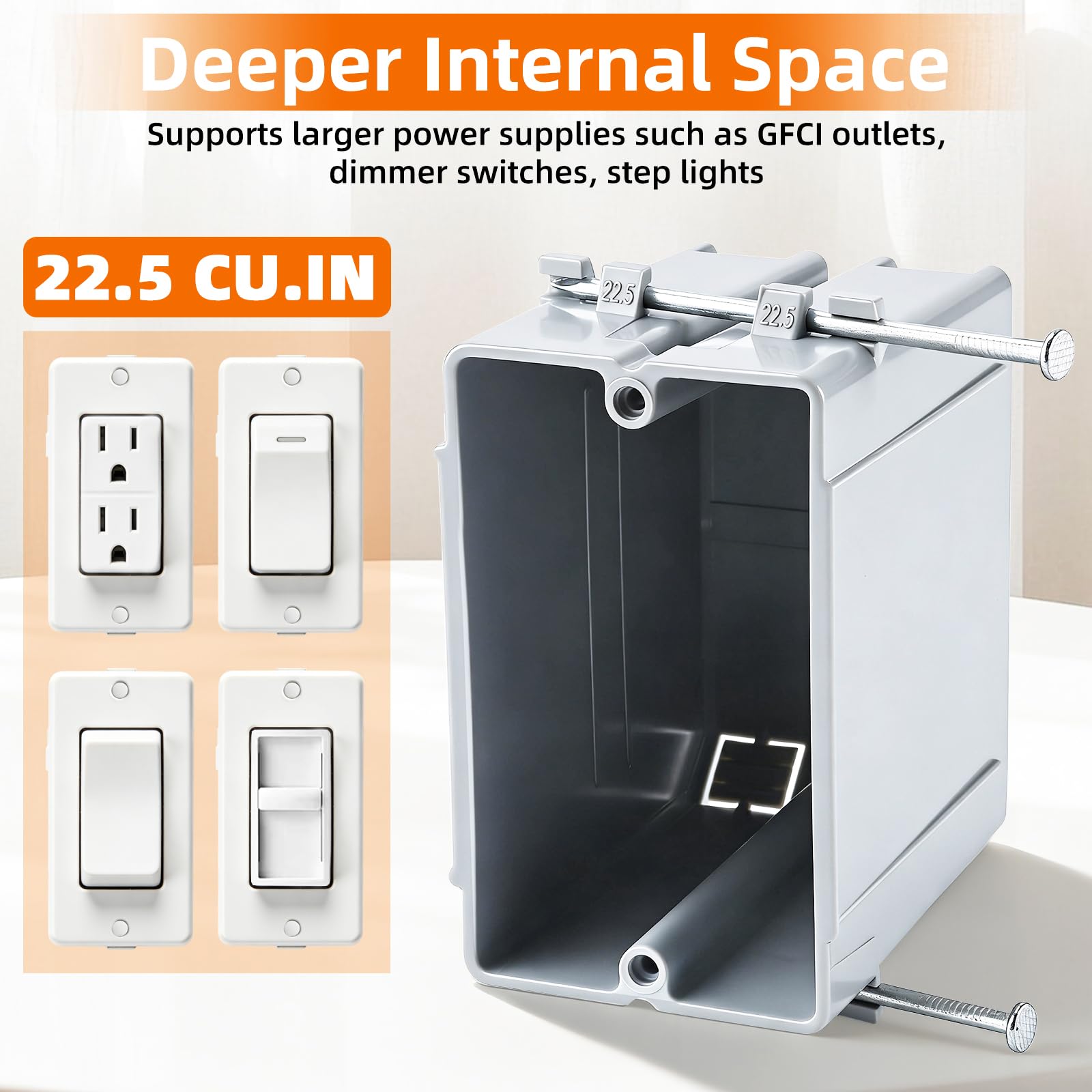 Caja de conexiones de PVC para interruptor de atenuación GFCI, ultra profunda, de 22.5 pulgadas cúbicas, 1 banda, para interruptor de atenuación GFCI, luz de paso, color gris (paquete de 24)