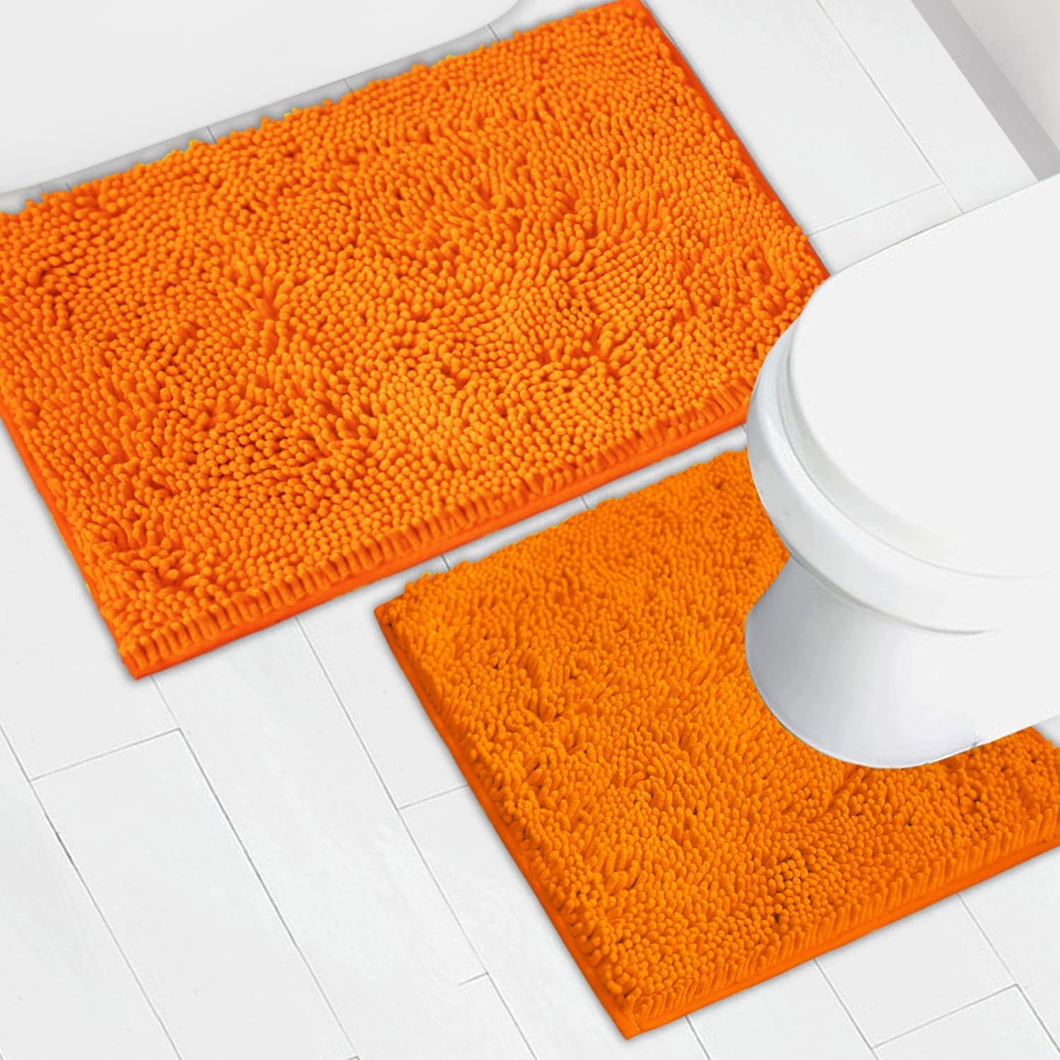 Bathroom Rugs Chenille Bath mat 2 Piece Set, Super Absorbent, Strong PVC Non Slip Backing, Bath mats for Bathroom, Plush Shaggy, Thick, Machine Washable, Bathtub, Shower, Toilet.(Orange) Orange 20''×20''U-Shape+20''×32''