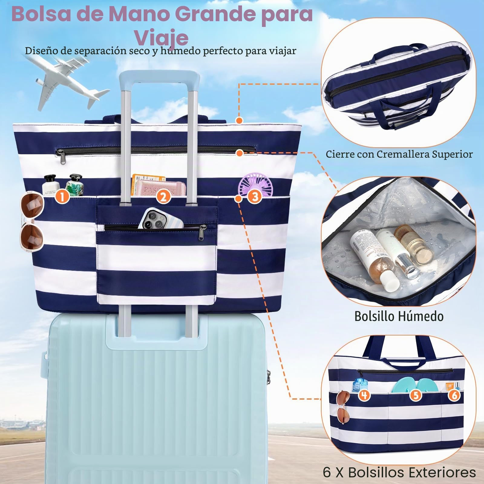 Bolsa de Playa Grande XXL con Cremallera Bolso Playa Familiar 50L Impermeable Bolso de Viaje Mujer Plegable Beach Tote Bag con 14 Bolsillos Shopper para Piscina Picnic Gimnasio (Azul Rayas)