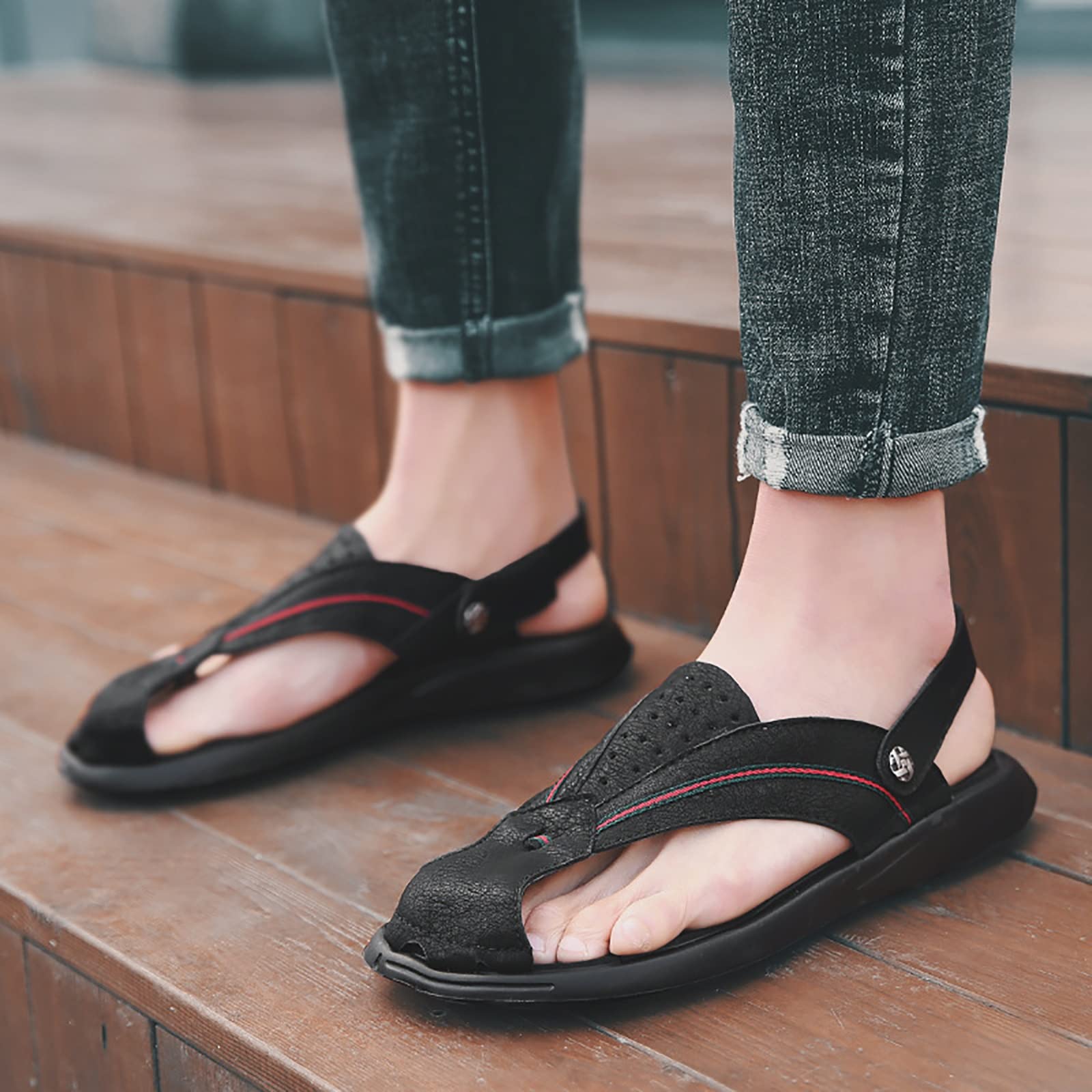 CLSQLXYJZC Zapatillas de Playa Antideslizantes para Hombre, Suela de Goma de Verano, Sandalias de Cuero con Punta Cerrada, Zapatillas Casuales Transpirables y livianas con Correa de talón Ajustable