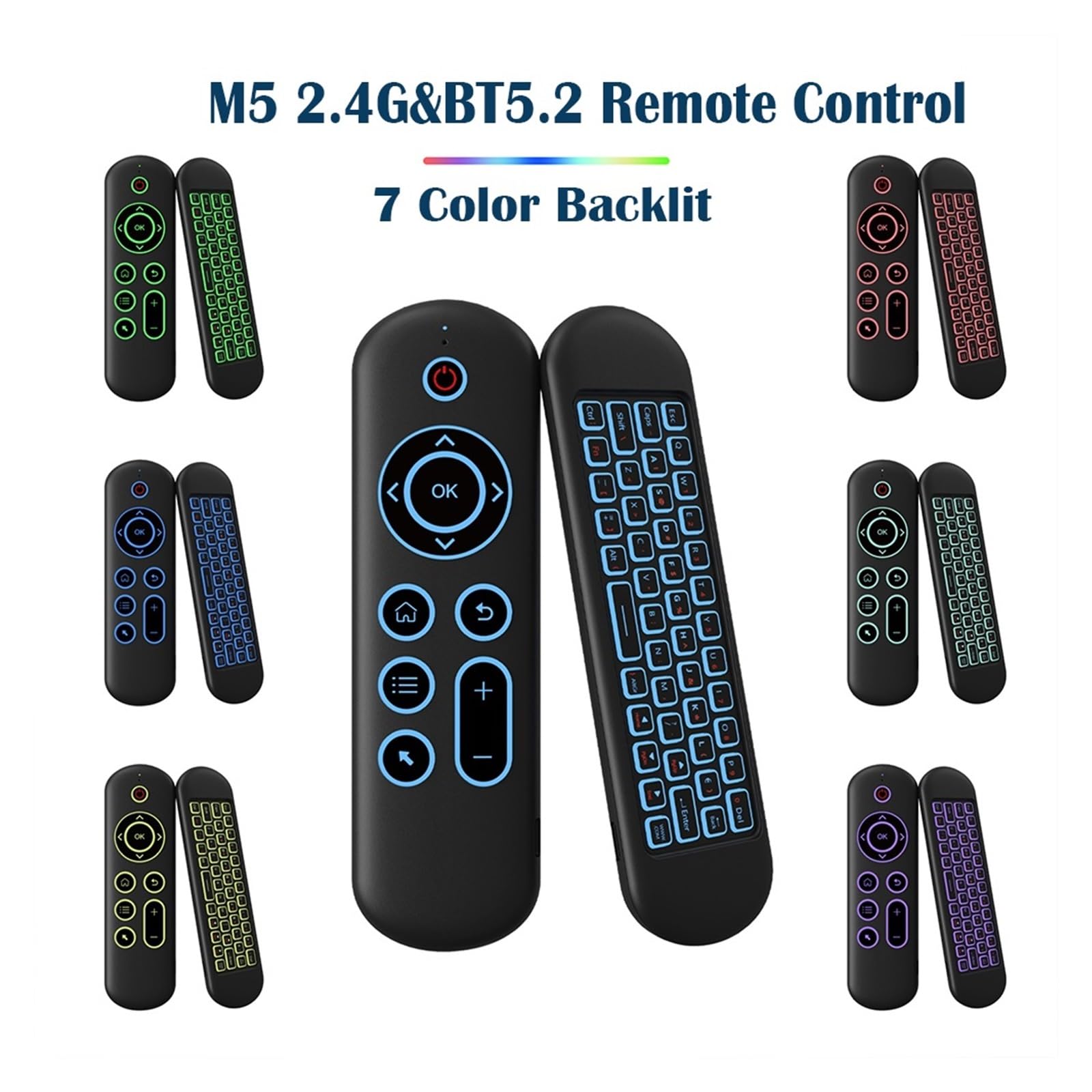 Air Mouse Telecomando di ricambio wireless Bluetooth 2.4G con tastiera retroilluminata a 7 colori, compatibile con Android TV Box (standard M5)