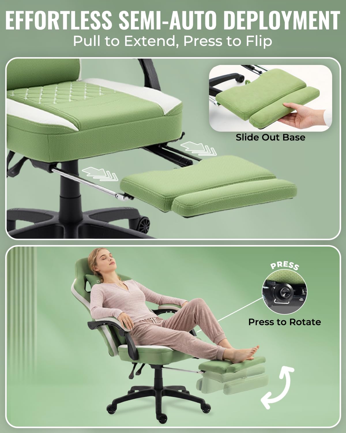 Dowinx Gaming Chair Breathable Fabric Game Chair with Gel Pad and Storage Bag, Comfortable Gamer Chair with Pocket Spring Cushion,Ergonomic Computer Chair with Footrest,: Green