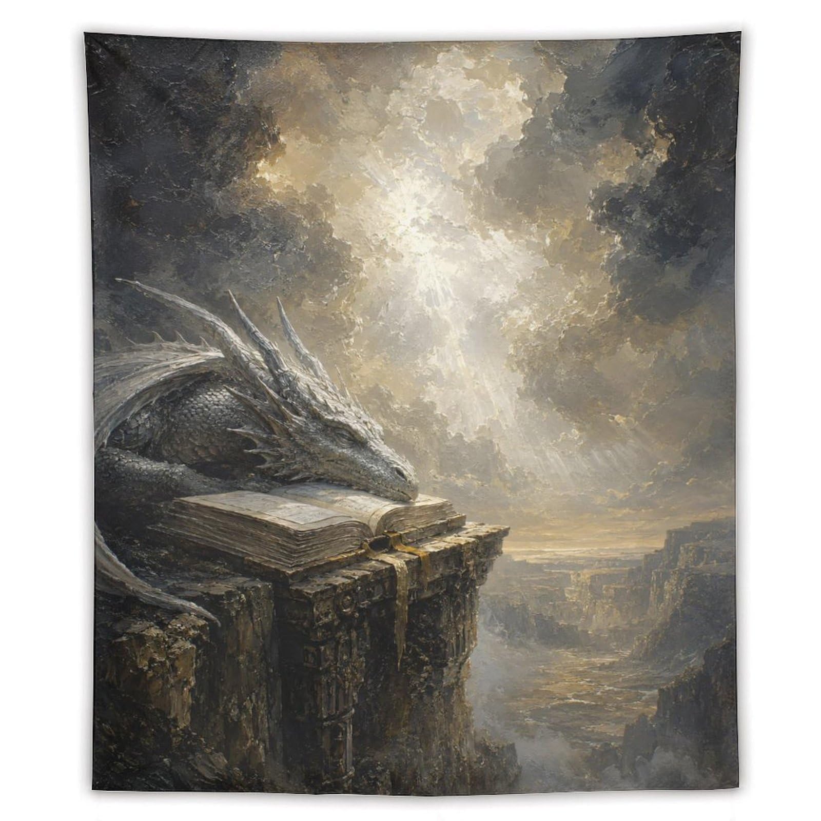 W7C8U2X3 Dragon on Cliffside Book Wall Tapestry, Surrealist, Dark Fantasy