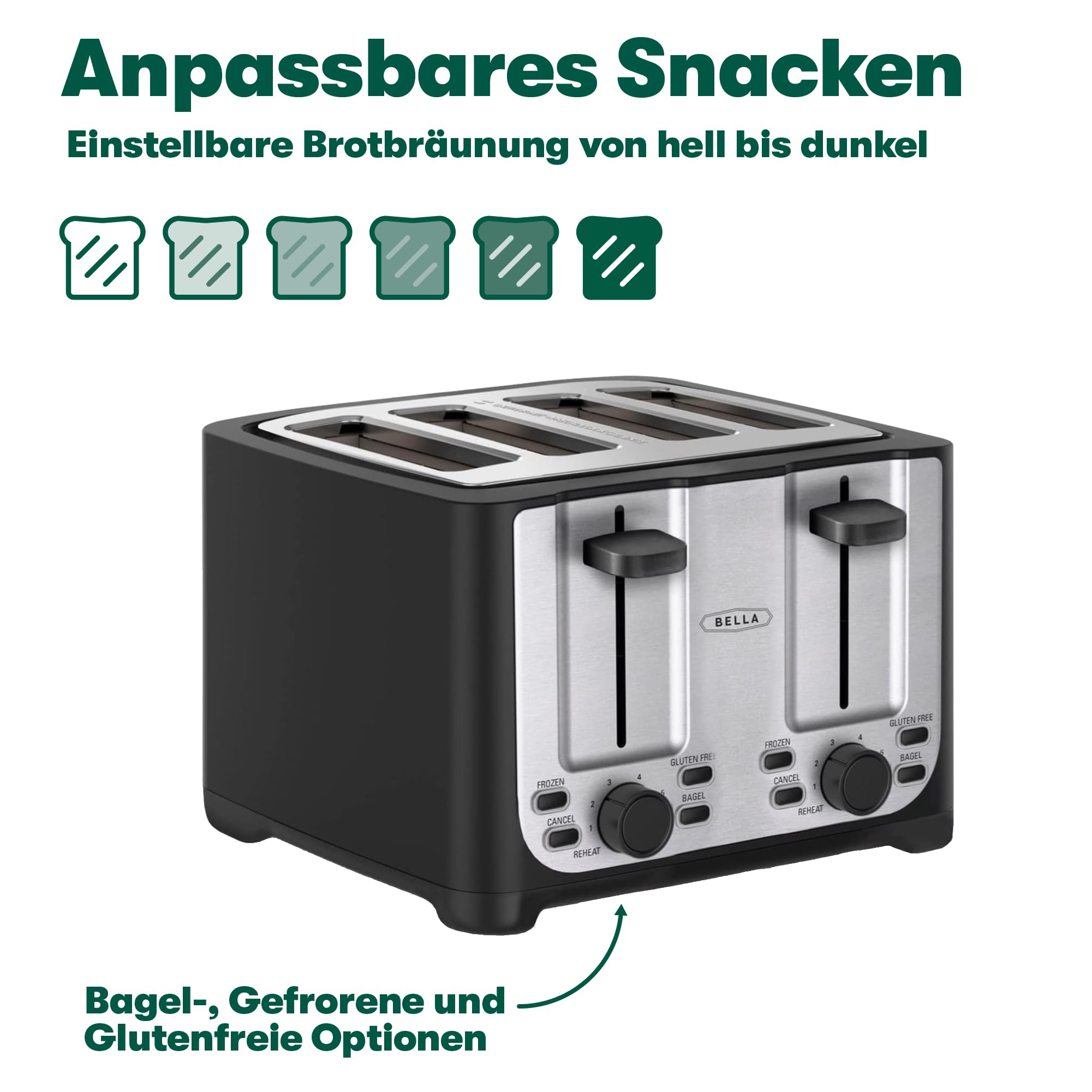 BELLA Tostapane a 4 Fette con Spegnimento Automatico, Fessure Extra Larghe e Vassoio Raccogli Briciole Rimovibile e Funzione Annulla, Scongela e Riscalda, Per Pane, Bagel e Waffle, Nero