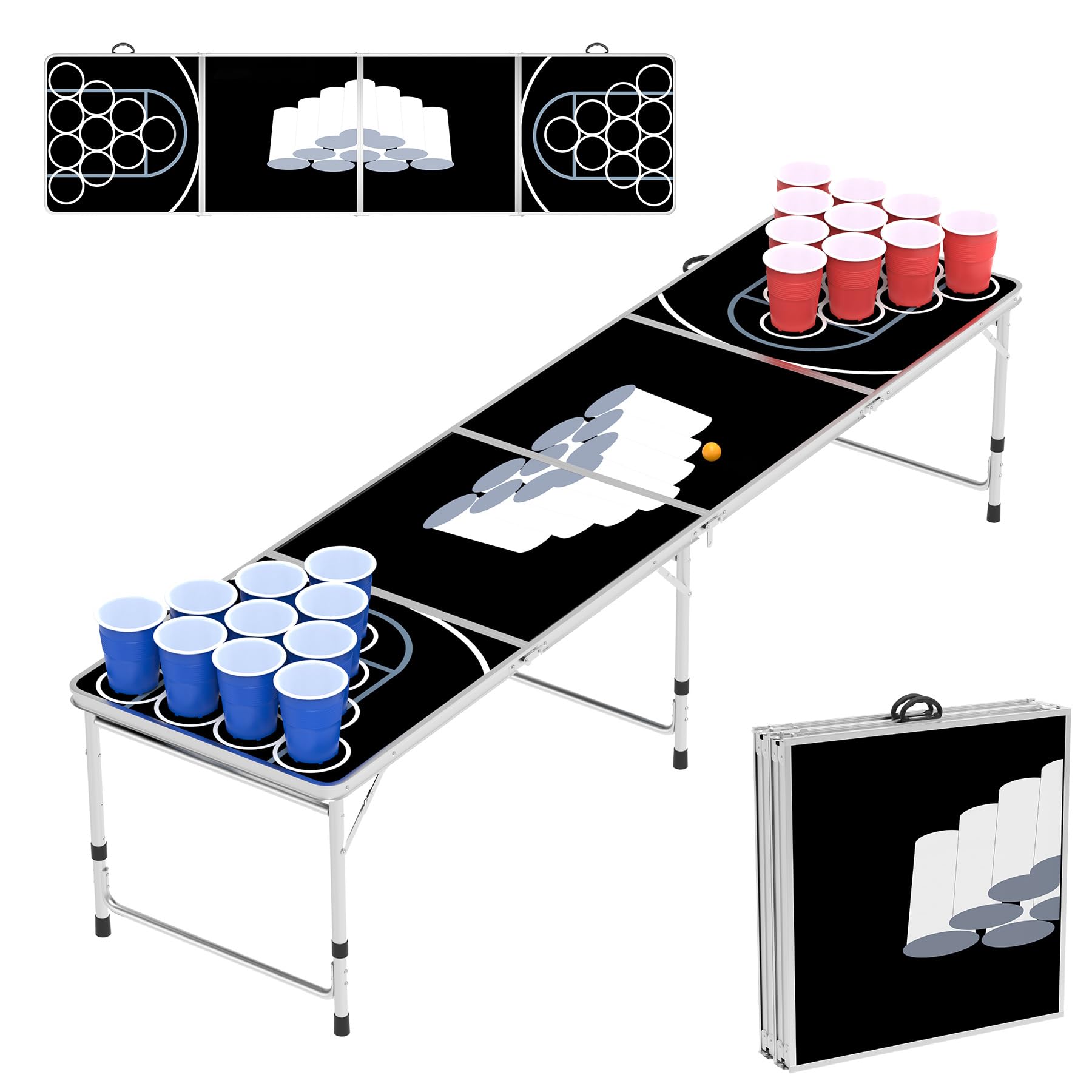 ACXIN Zestaw stołów piwnych dla dorosłych, w zestawie: 5 piłek i 100 kubków, uchwyt na kubek, regulacja wysokości/składany – stoły beer pong, pong, piwo pong, stół imprezowy, gry do picia, czarny