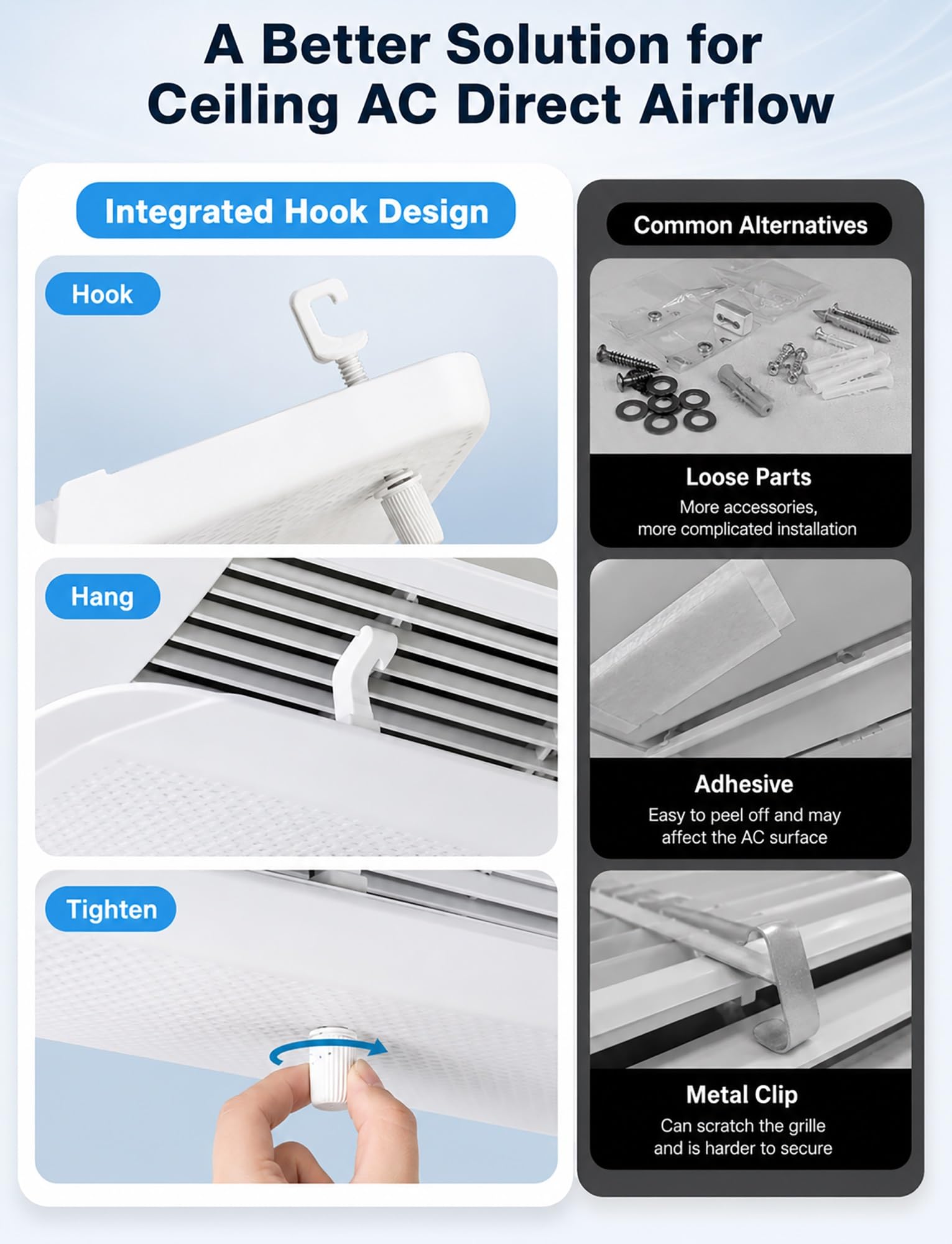 Deflettore aria climatizzatore a cassetta da soffitto, gancio, 11 x 56 cm | Gancio senza fori, angolo regolabile, anti-condensa, anti-caduta, casa, ufficio, ospedale(4-pack)