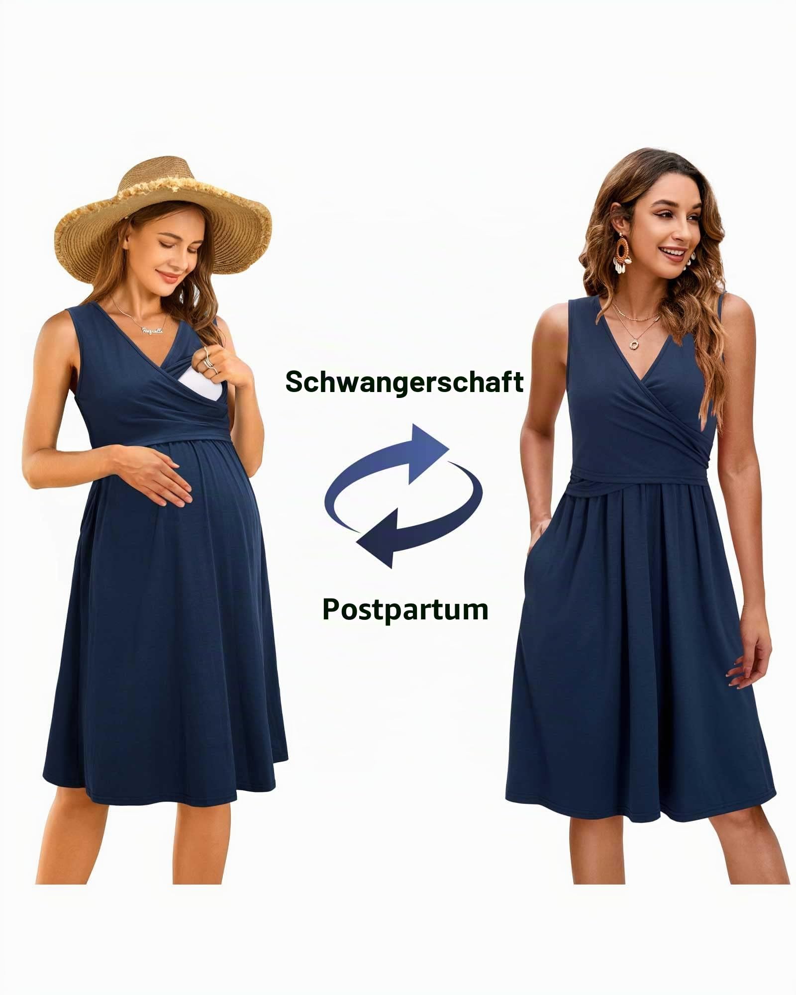 OUGES Damen Sommer Umstandskleid Midi Stillkleid Baumwolle Kleider für Schwangere Lässiges Umstandsmode mit Taschen