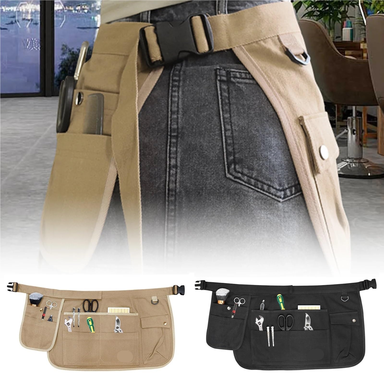 Delantal de camarero y camarera con 9 bolsillos lona, ​​medio delantal herramientas, cinturón ajustable, servidor, trabajo limpieza for Hotel Para Carpintero Constructor(Black)