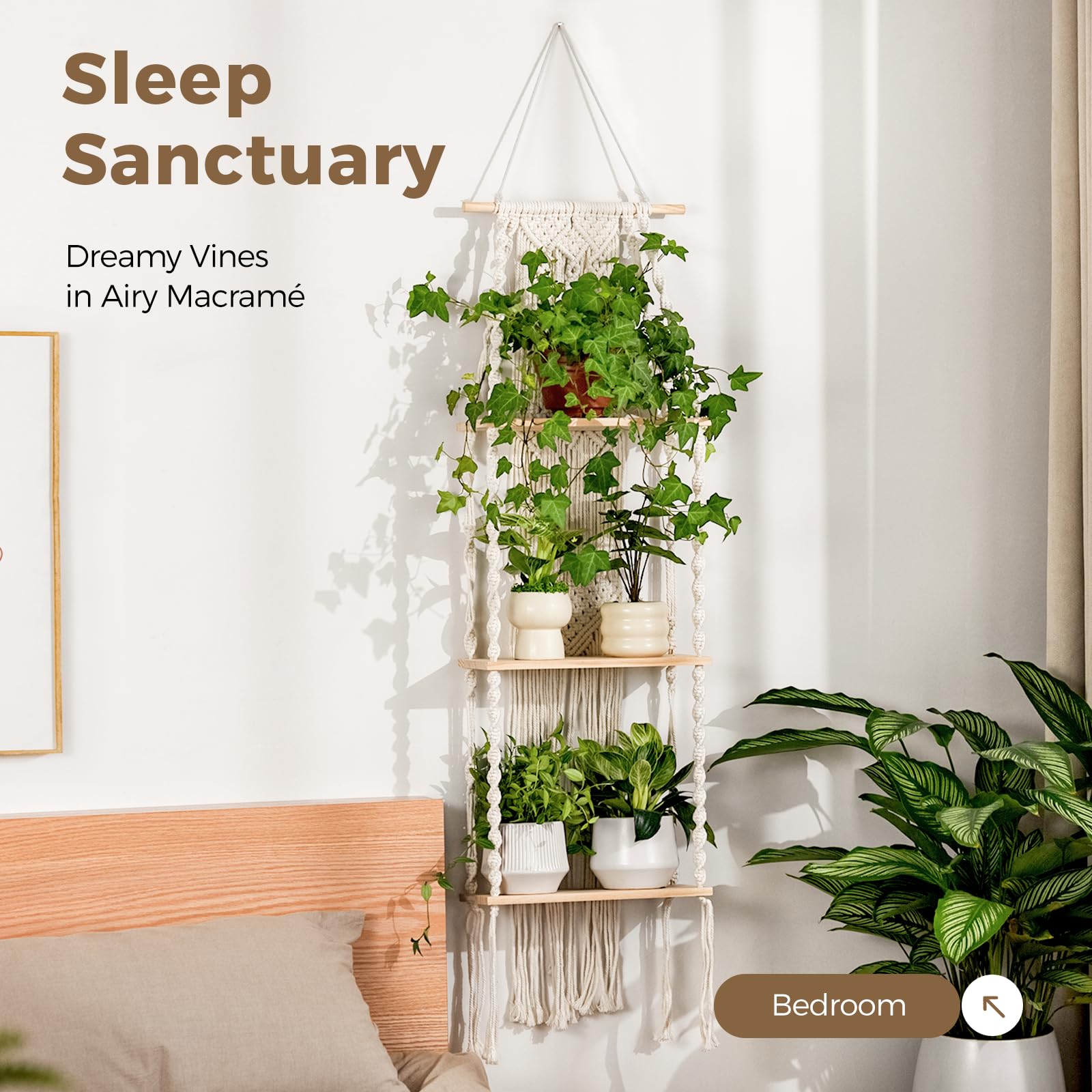 Estante de pared para plantas, soporte para plantas de macramé, 3 niveles, estantes para plantas, decoración bohemia para habitación, estante colgante para plantas, soporte para plantas 5